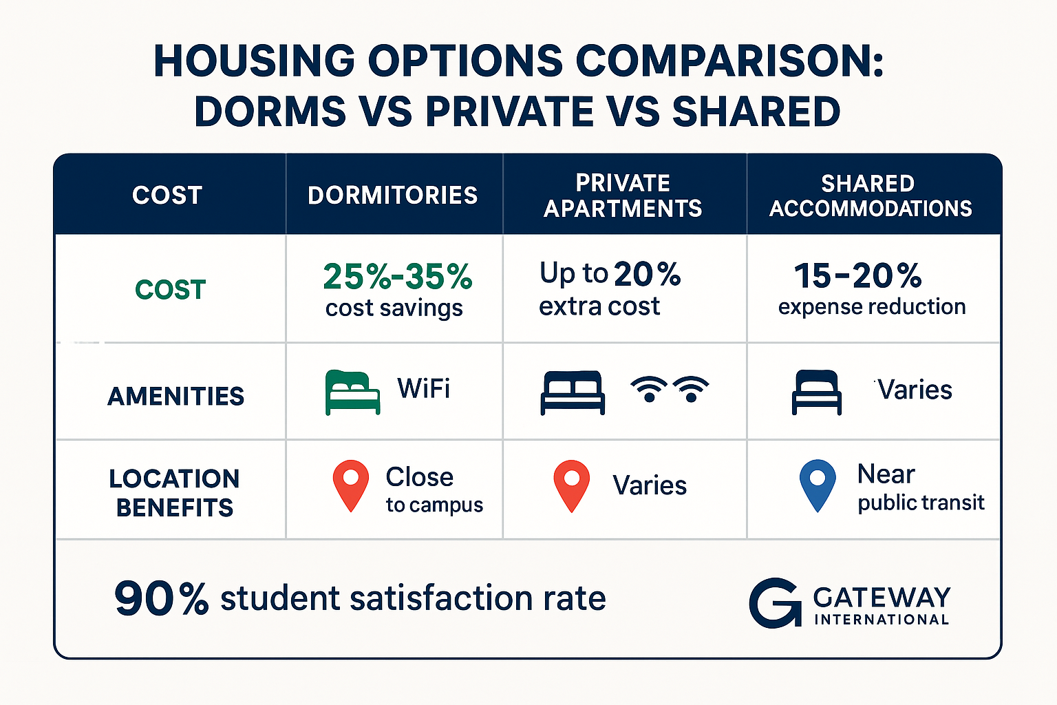 Comprehensive comparison table showing housing options with costs, amenities, and location benefits for international students