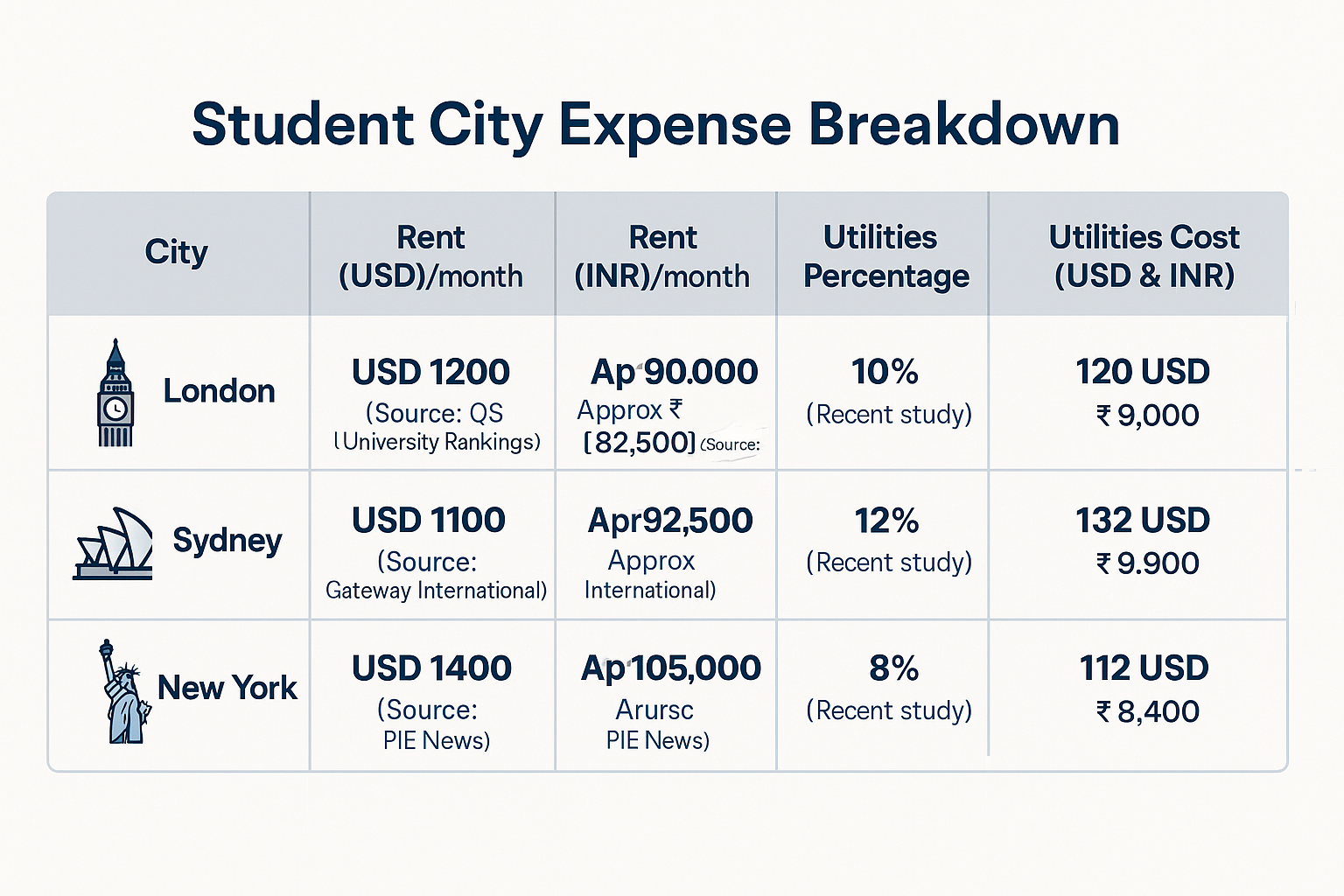 Comprehensive table showing typical monthly student expenses including rent, utilities, and living costs in major international cities