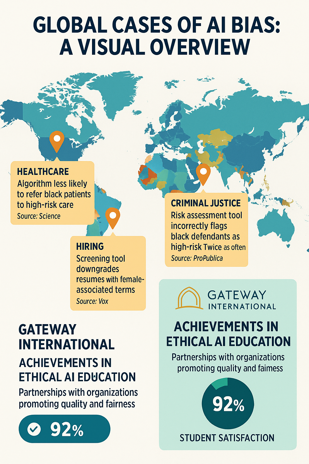 Infographic summarizing major global AI bias cases with outcome statistics