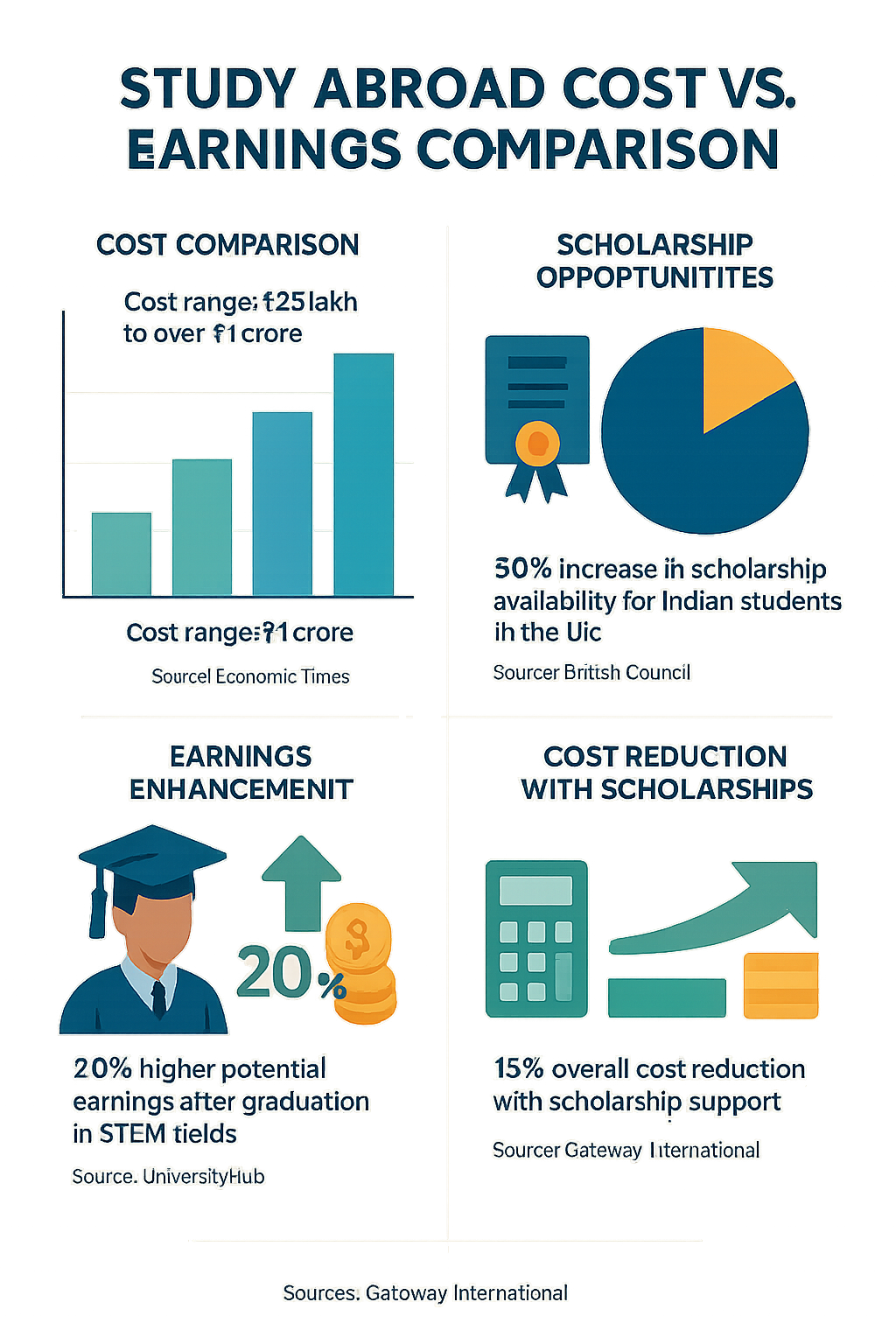 Infographic comparing tuition fees, living expenses, and potential earnings after graduation