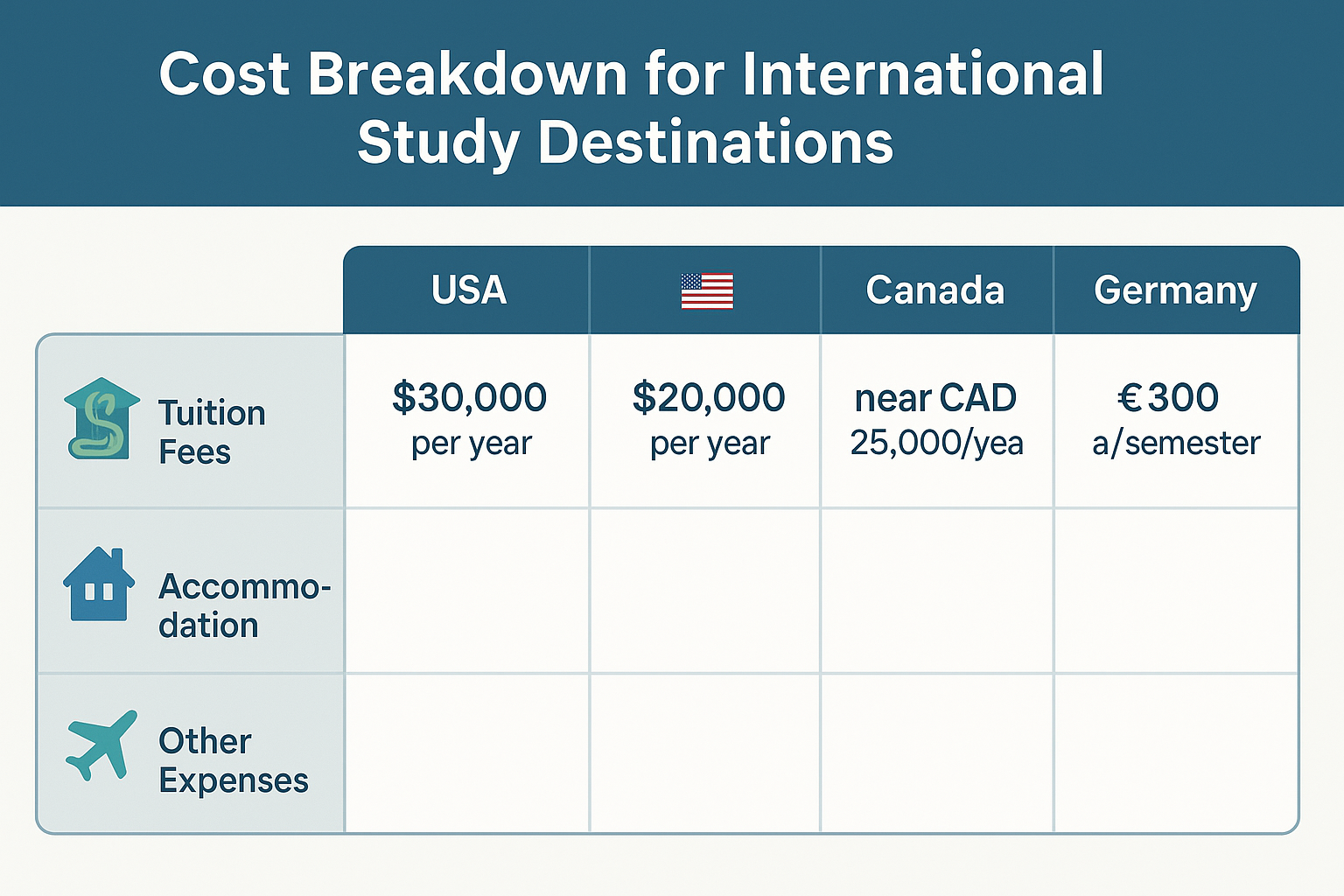 Table comparing tuition, accommodation, and living costs across study destinations