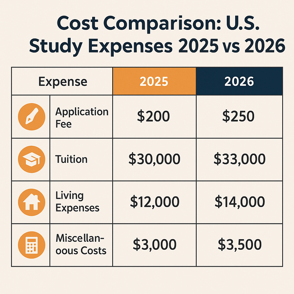 Table comparing U.S. study expense costs between 2025 and 2026