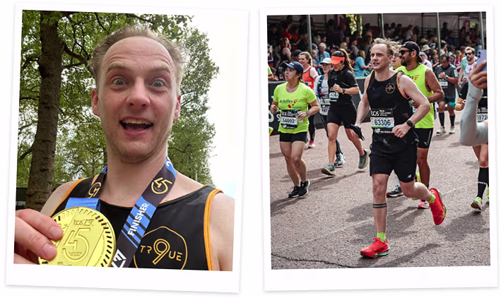Chris holding his marathon medal proudly after finishing the London Marathon; also shown running during the event.