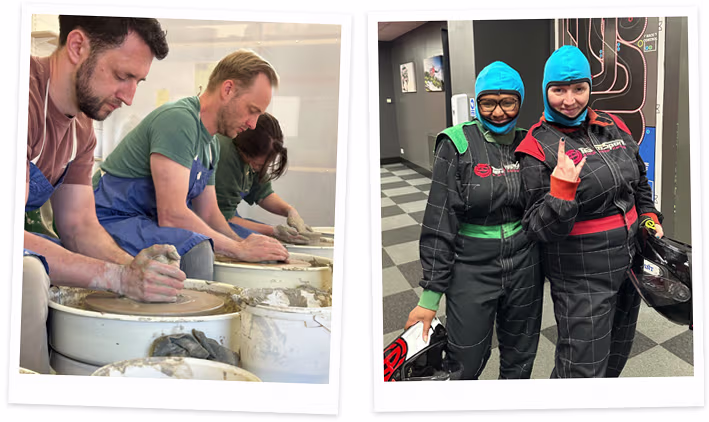 Two images: one shows team members doing pottery together, the other shows two people in go-kart racing gear and helmets.