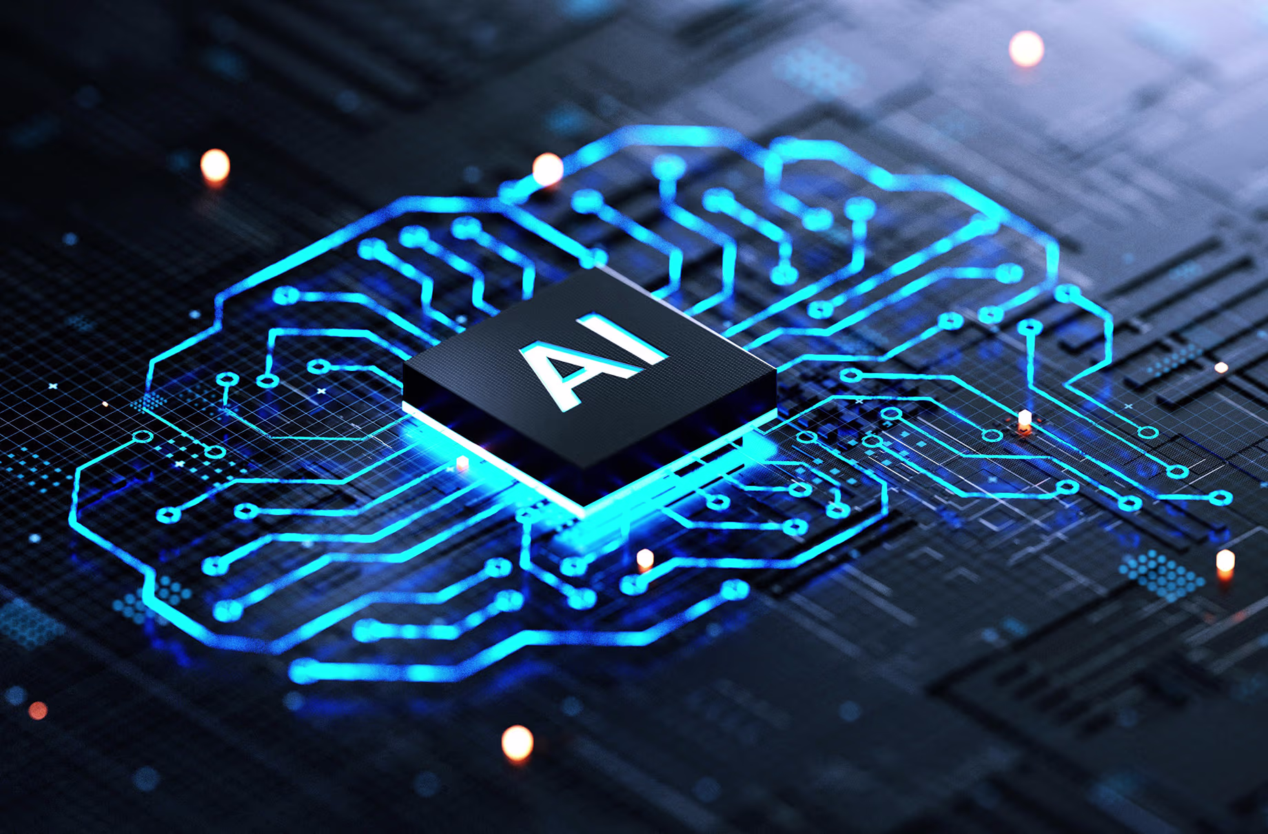 Digital illustration of a glowing blue neural network with an embedded AI chip.