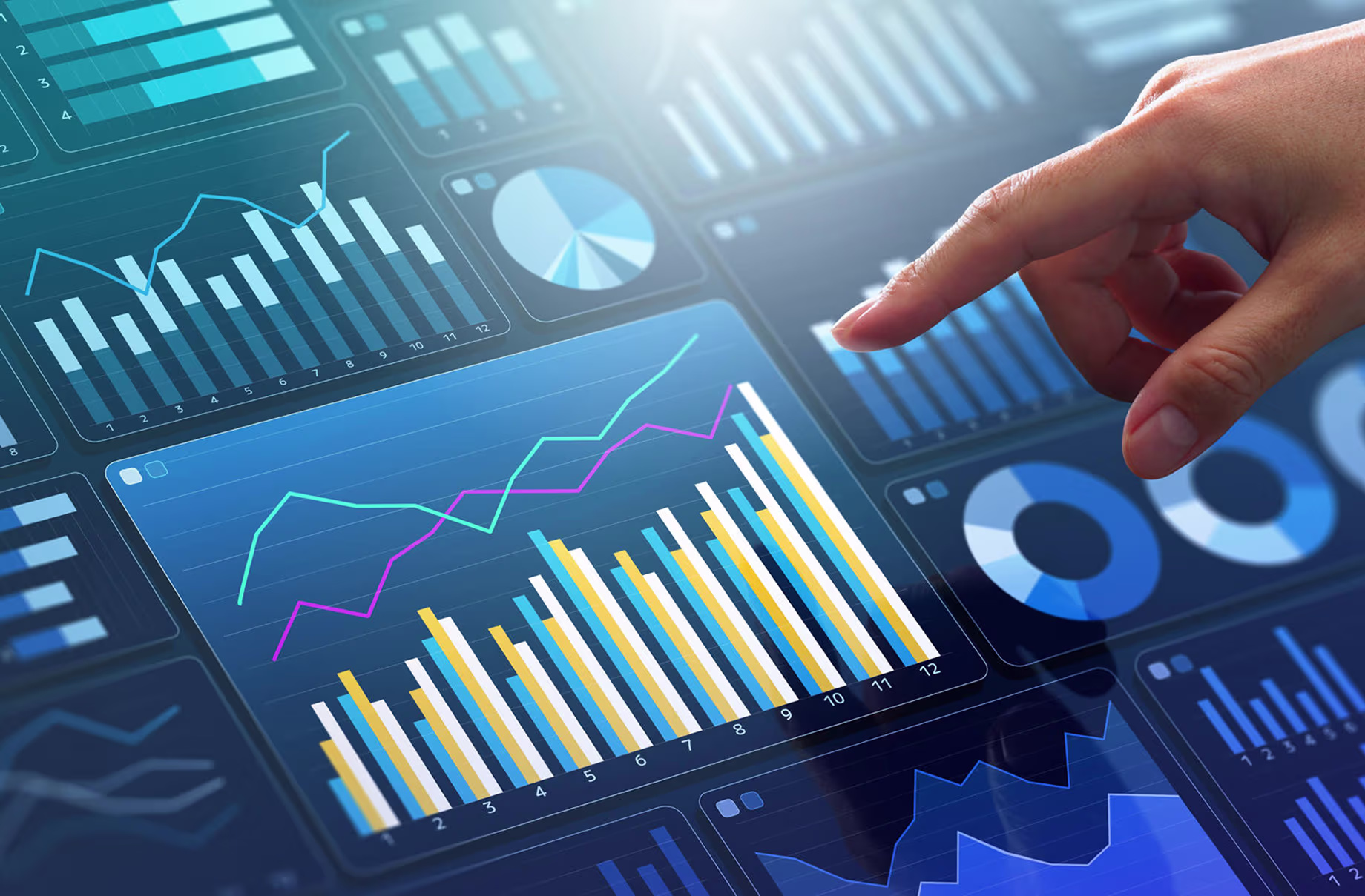 Hand interacting with a digital dashboard showing charts and graphs