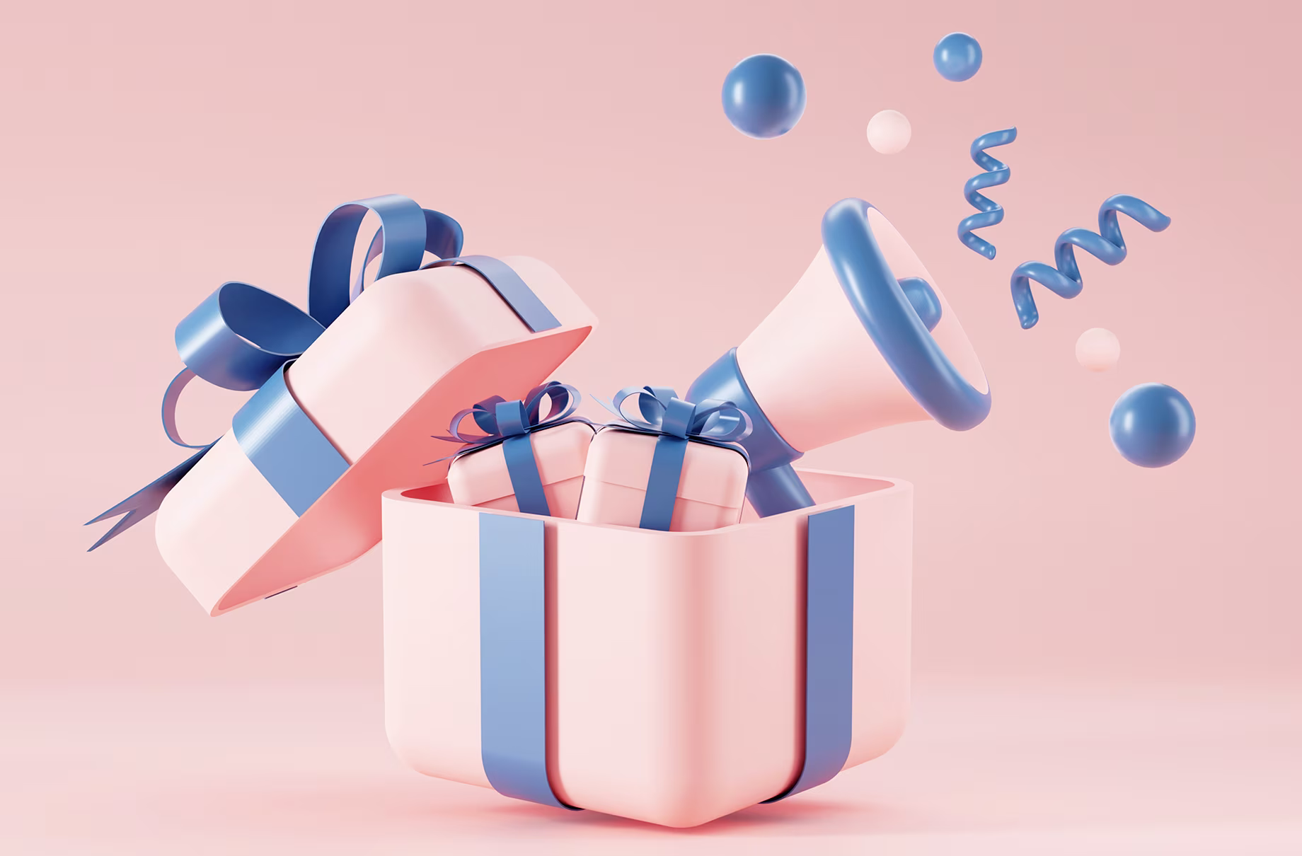 3D illustration of open gift box with floating elements symbolizing surprise or reward