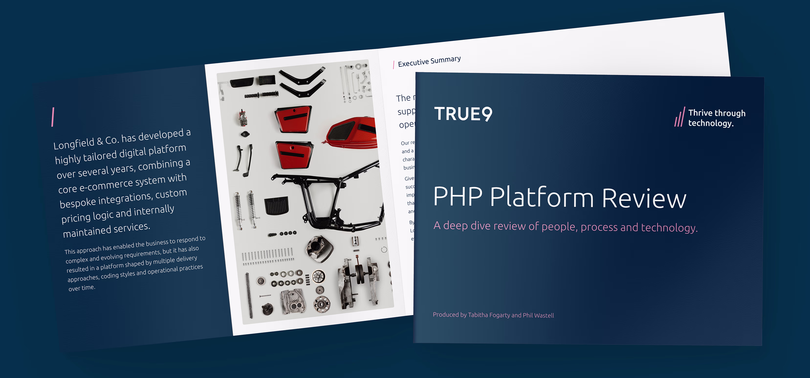 A flat lay mockup showing several pages of the PHP Platform Review guide, including technical diagrams and text sections.