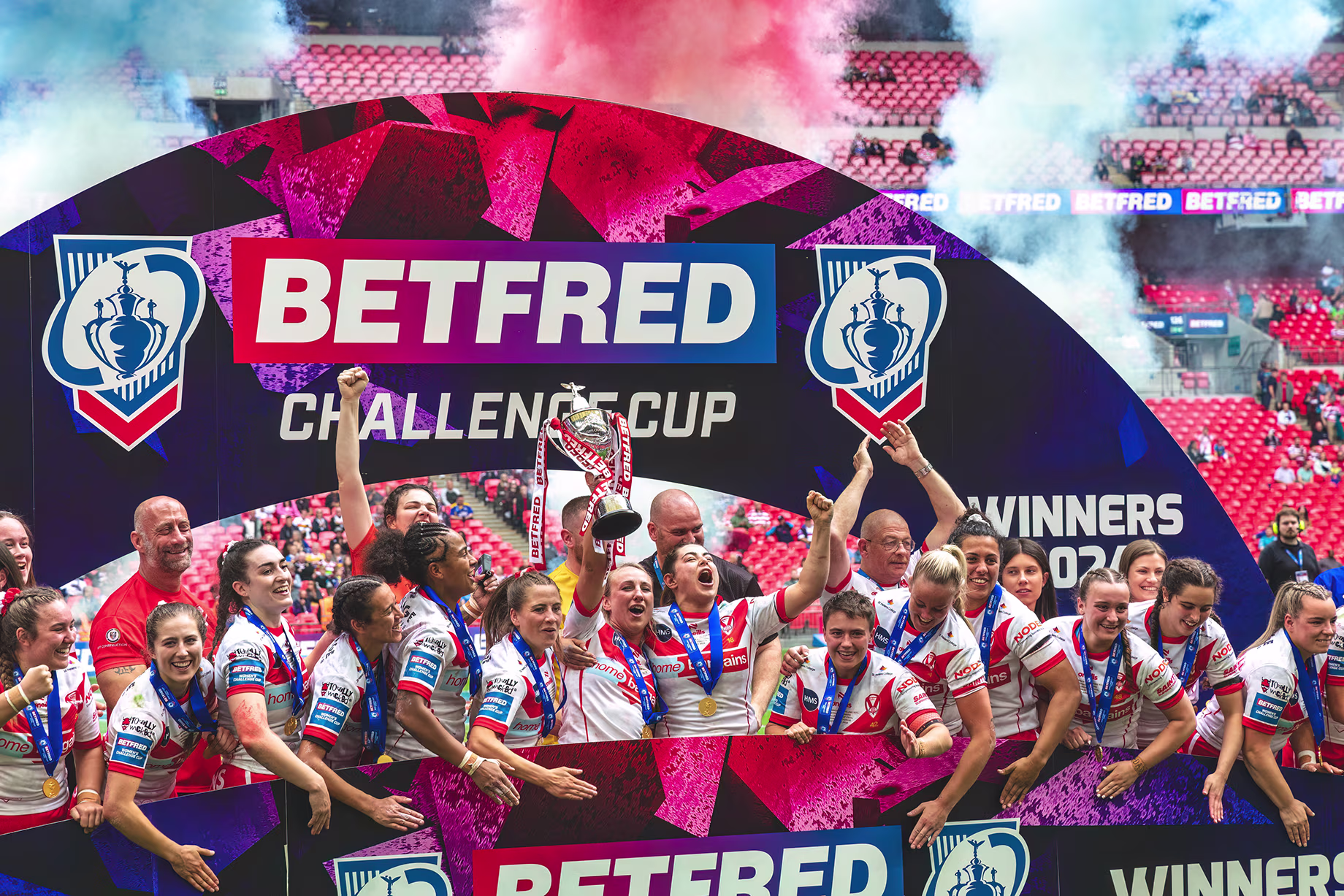 St Helens Rugby team celebrating after winning the match
