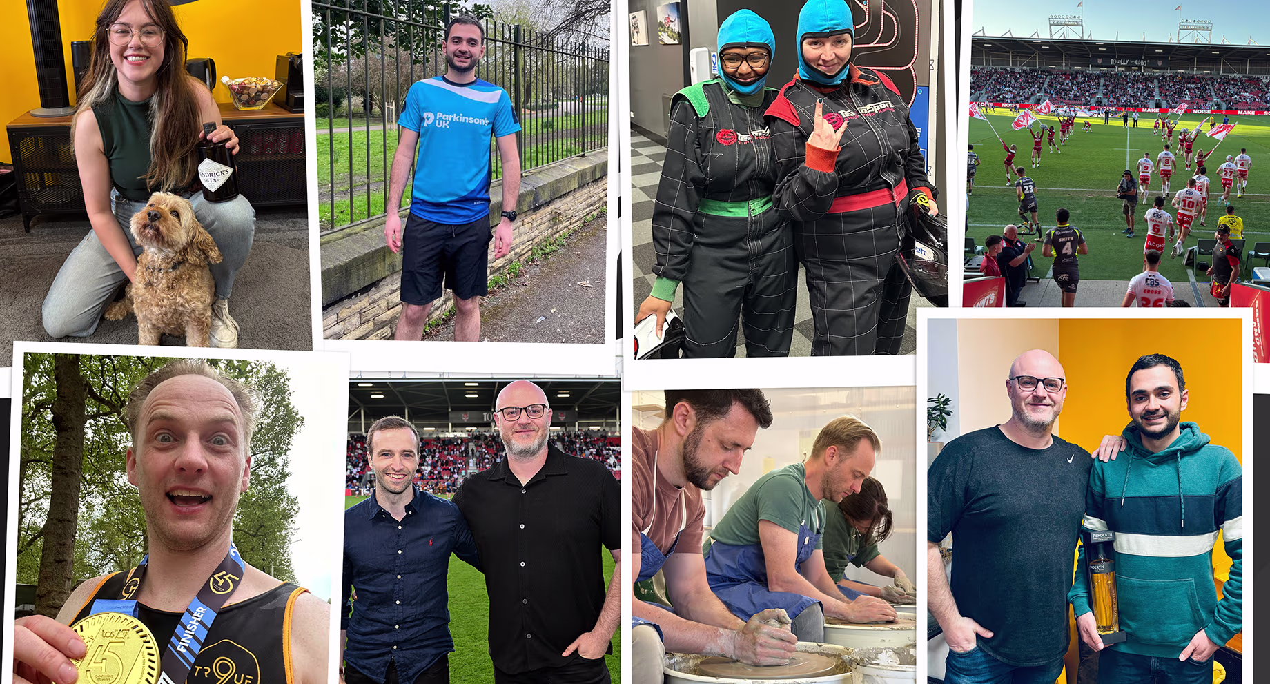 A collage of people participating in various activities, including posing with a dog, running, wearing racing suits, attending a sports event, making pottery, and showing medals.