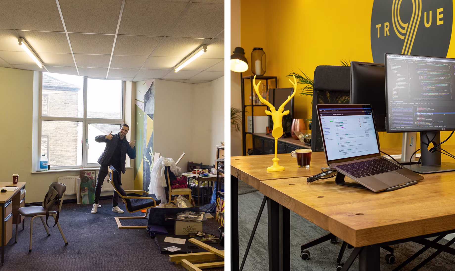 Comparison of two workspaces - one messy and disorganised with a person standing amid clutter, and the other tidy and modern with a neatly arranged desk, laptop, and bright yellow background.