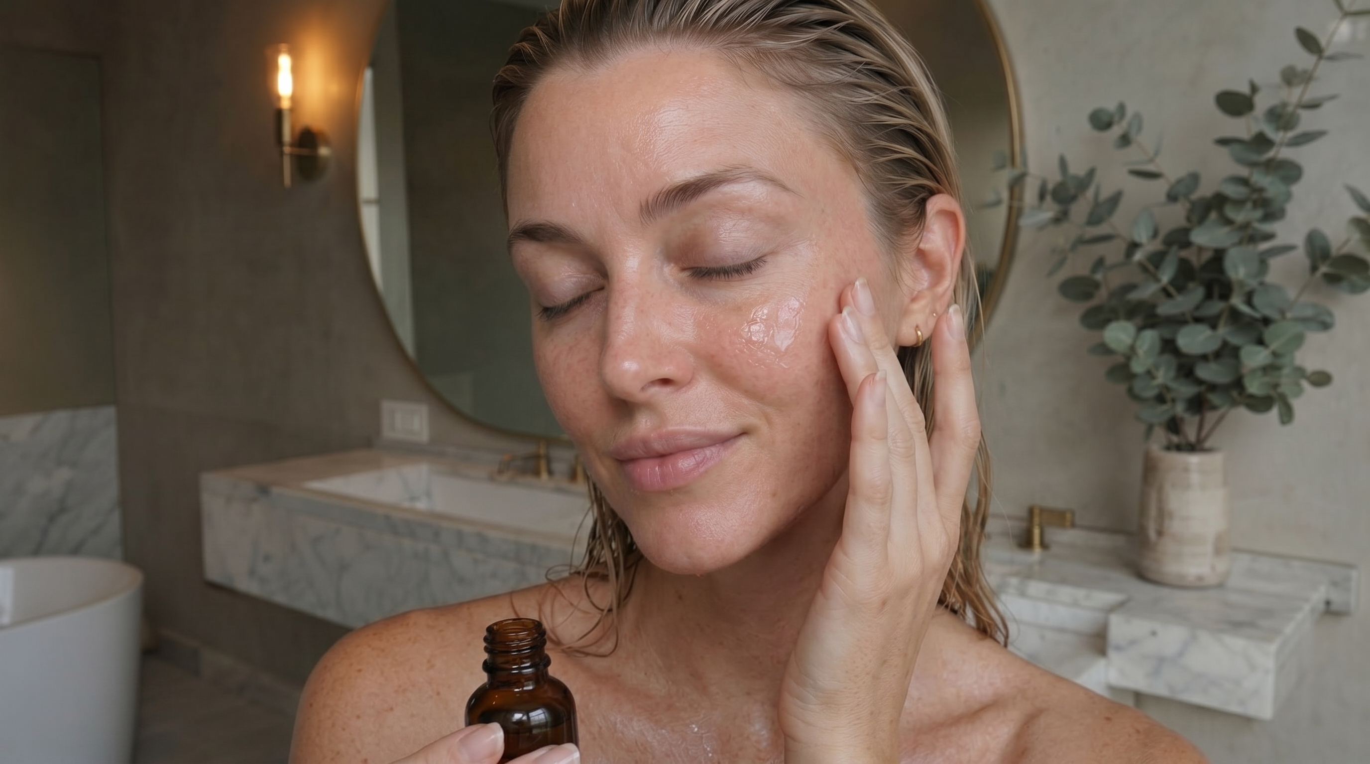 Applying beta-glucan serum with premium glass dropper bottle