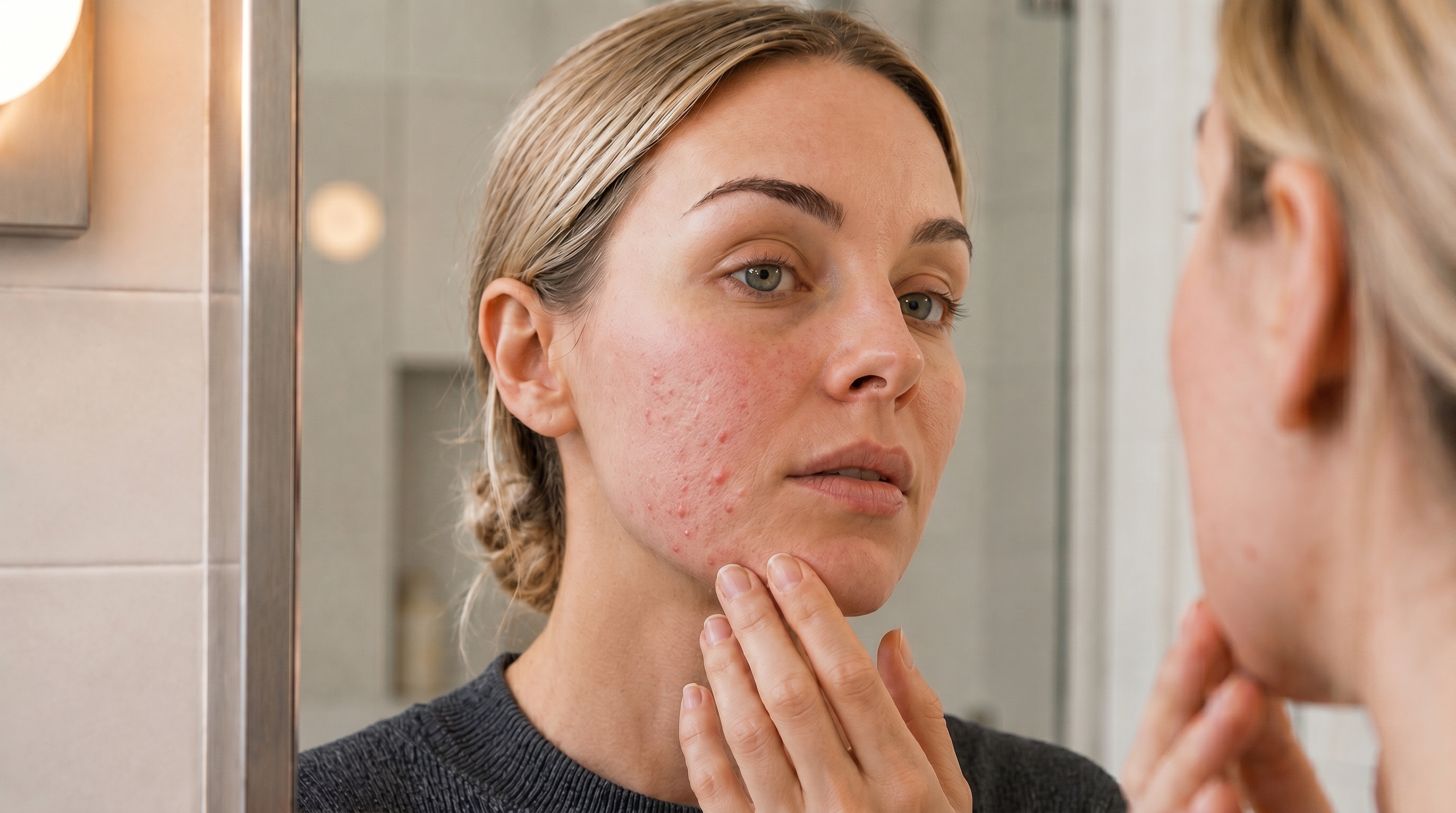 Close-up portrait showing retinol-damaged skin — redness, barrier compromise, summer acne flare