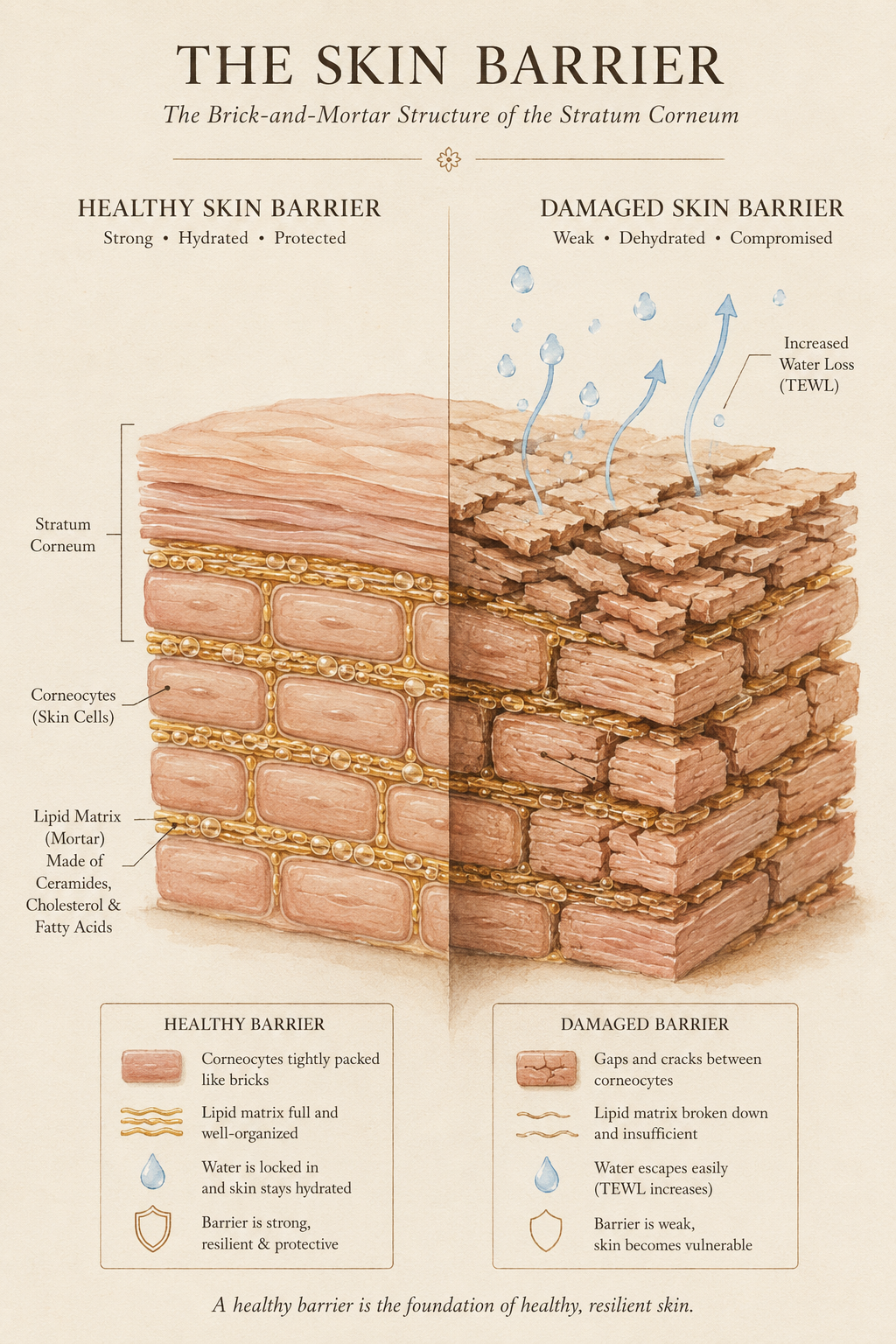 Anatomical cross-section diagram of healthy vs damaged stratum corneum barrier structure