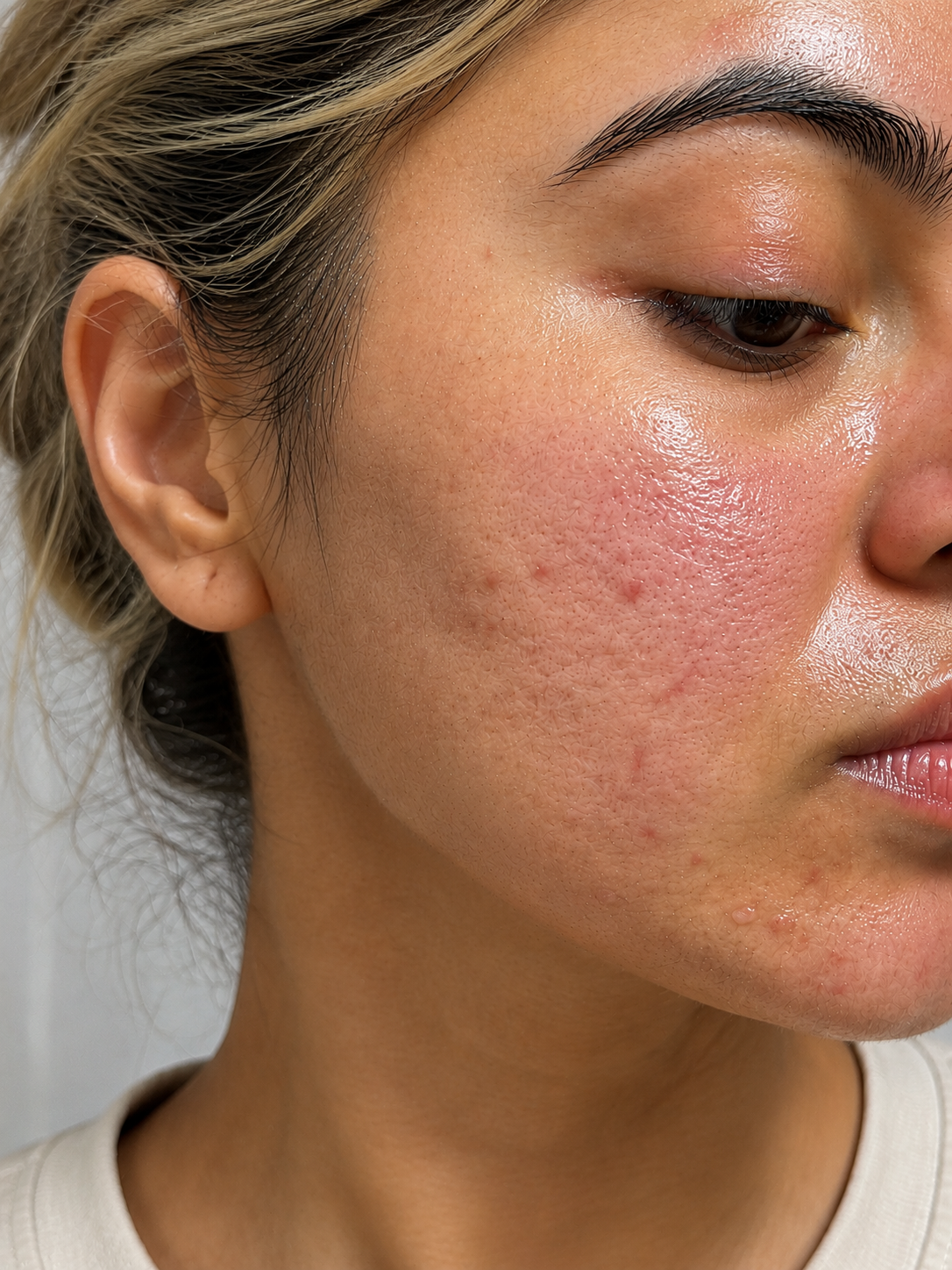 Day 5 skin progress - chin comedones beginning to form, cheeks improving