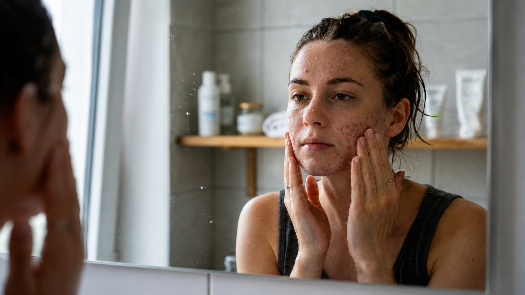 Woman touching face — common acne trigger habit