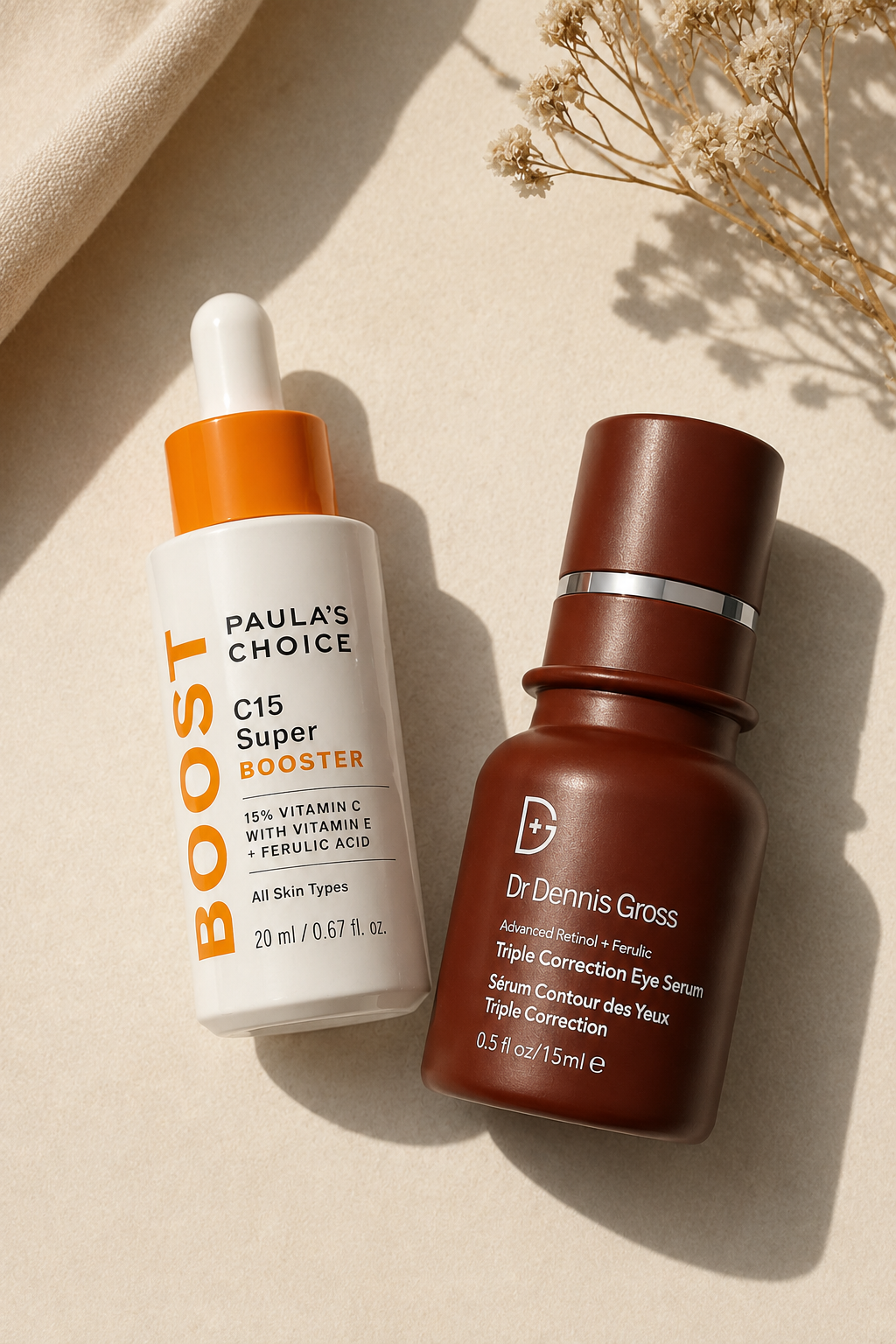 Minimal skincare routine flatlay with four essential products representing a skin longevity morning routine