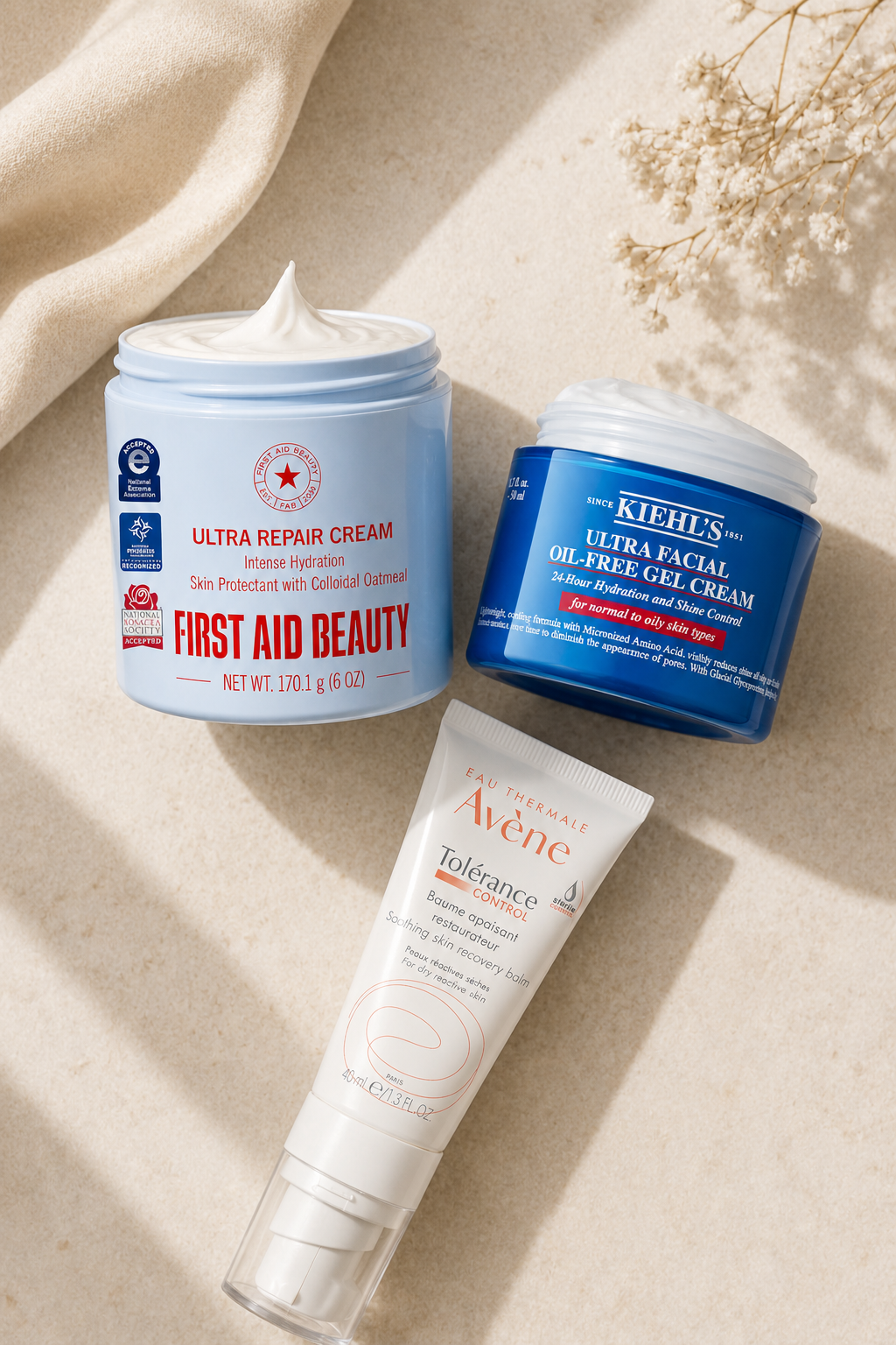 Multiple skincare products lined up — over-exfoliation and overuse of actives damage the skin barrier