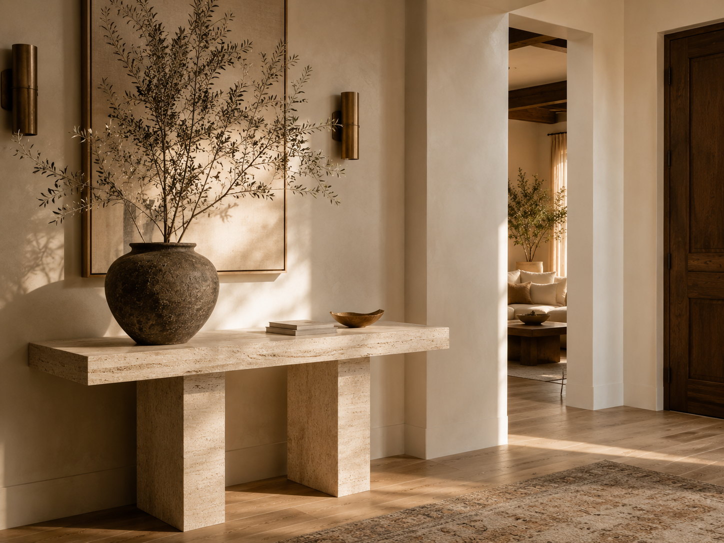 Interior space showcasing the warmth and texture of natural stone and wood materials