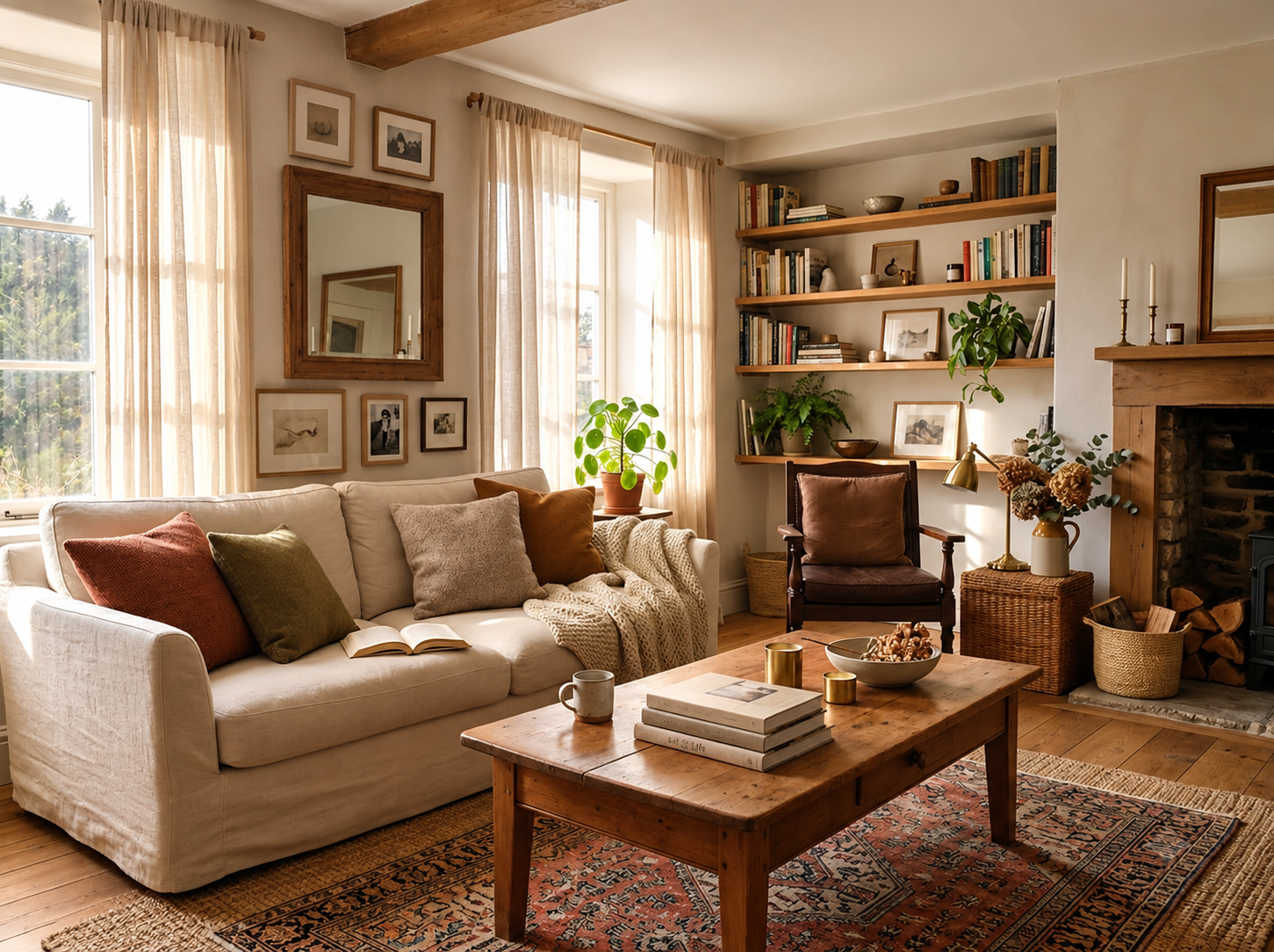 A warmly lit living room with soft textures, natural materials and comfortable seating arrangements