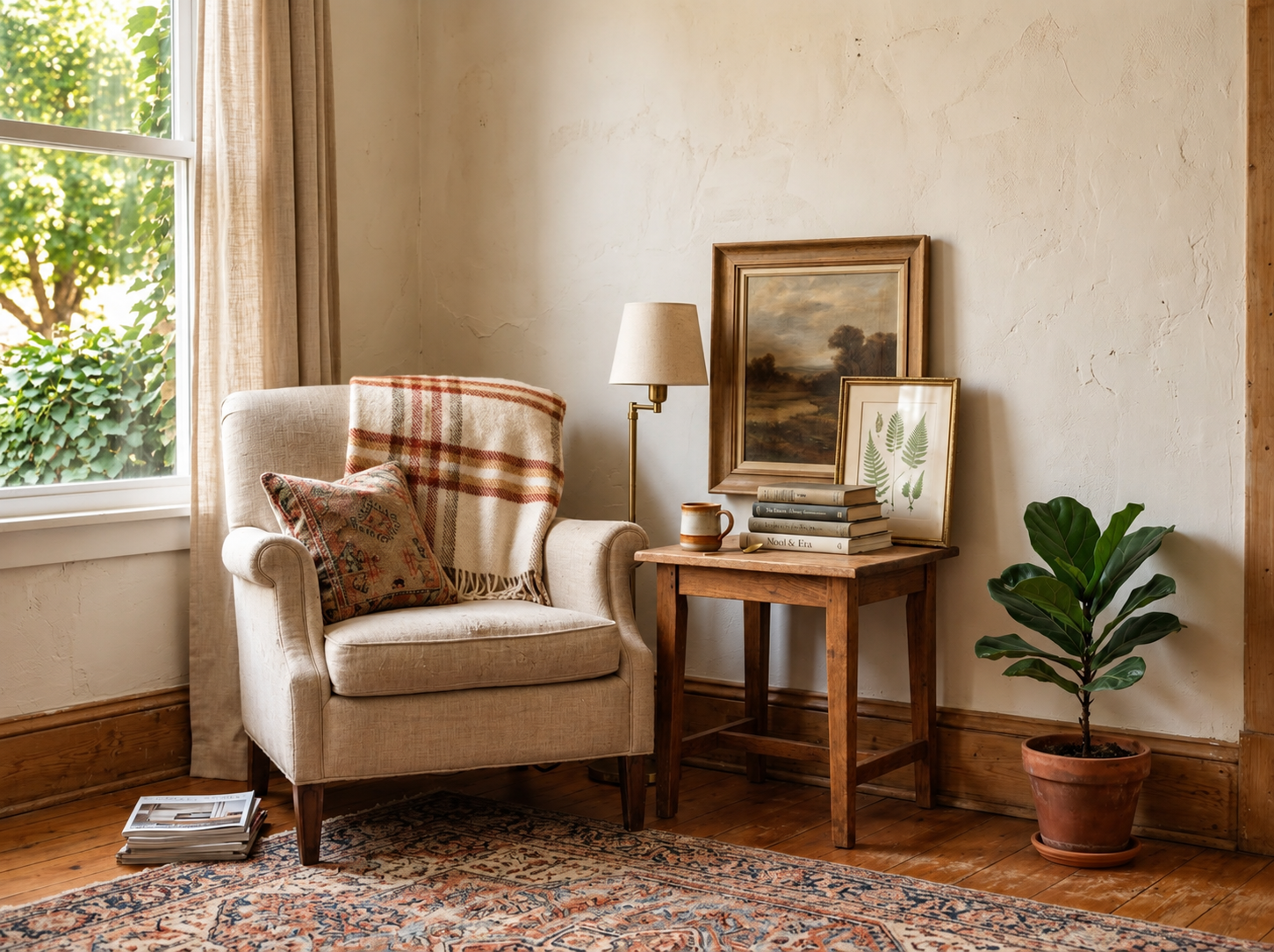 A cozy reading corner with stacked books, framed artwork and a small personal collection arranged thoughtfully