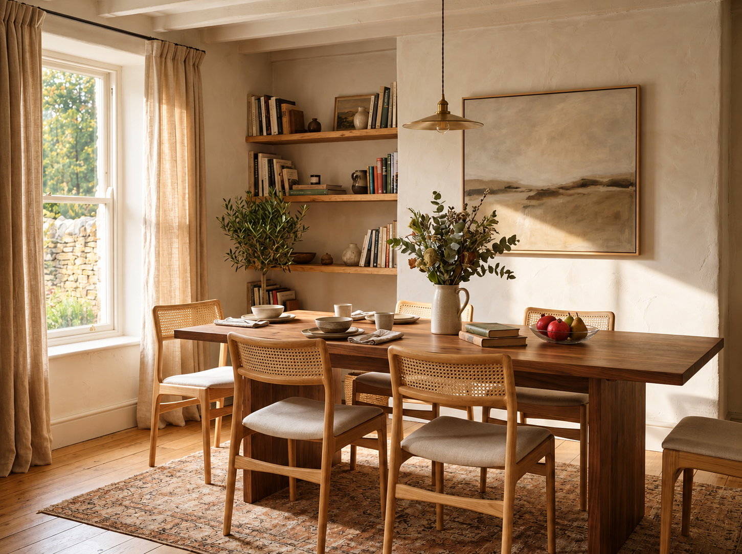 Carefully chosen home details including handcrafted ceramics, organic materials and personal decorative objects