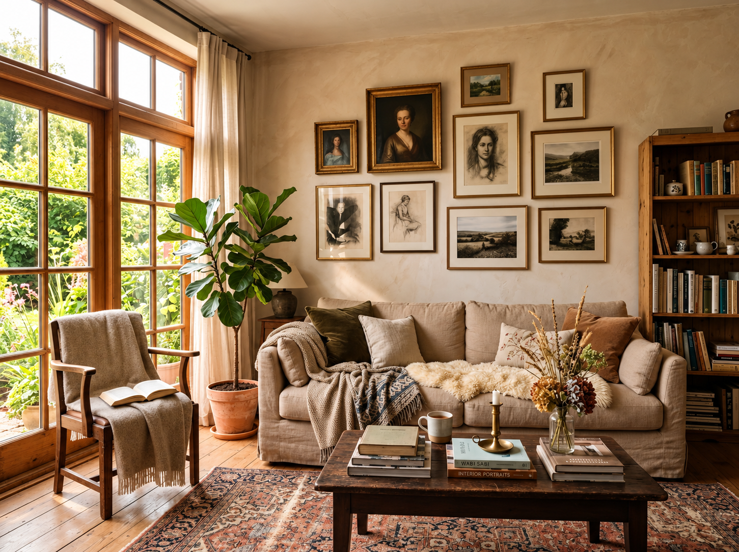 A home interior filled with personal artwork, framed photographs, beloved books and unique decorative pieces