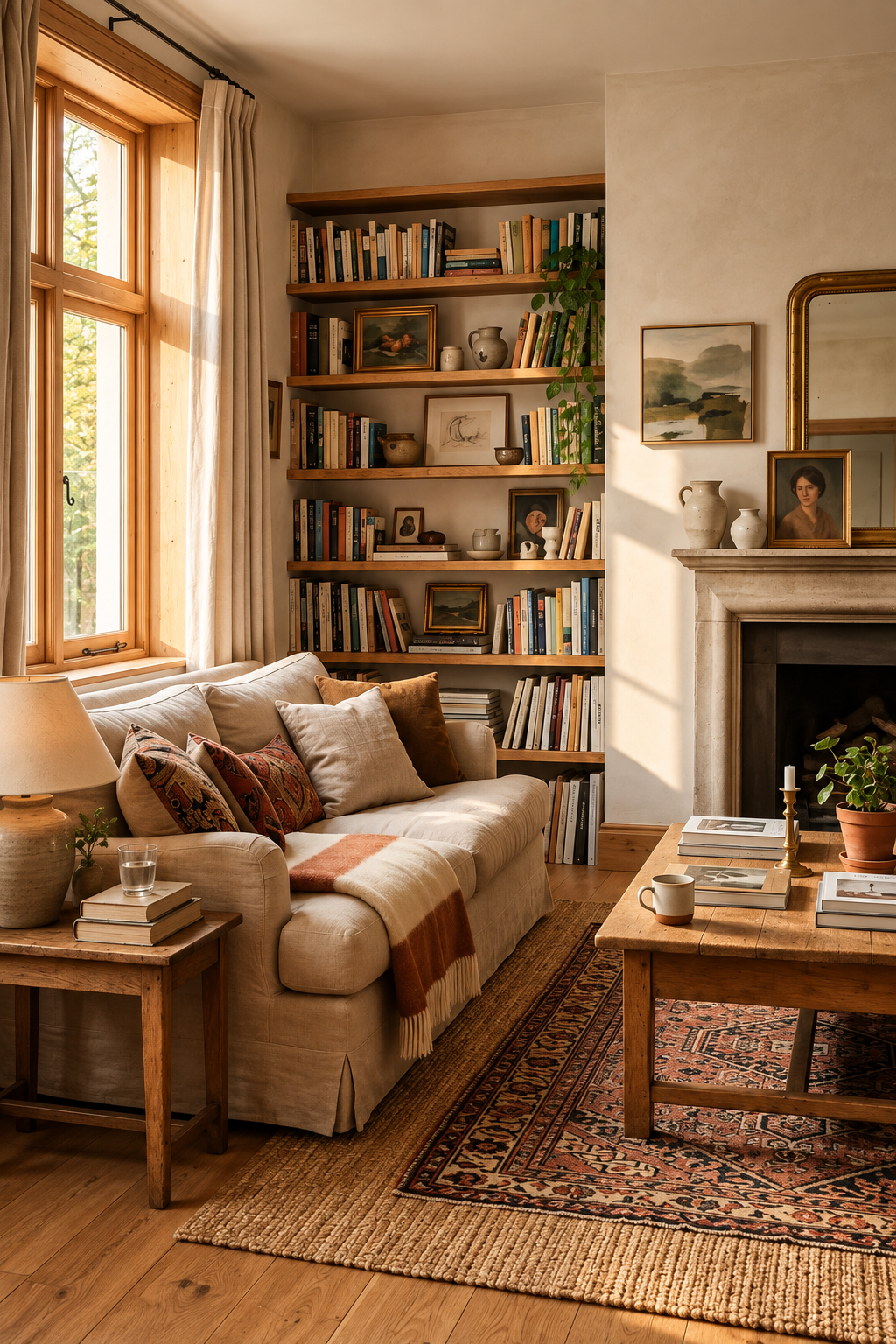 A beautifully layered home interior with natural textiles, warm wooden surfaces and soft everyday decorative details