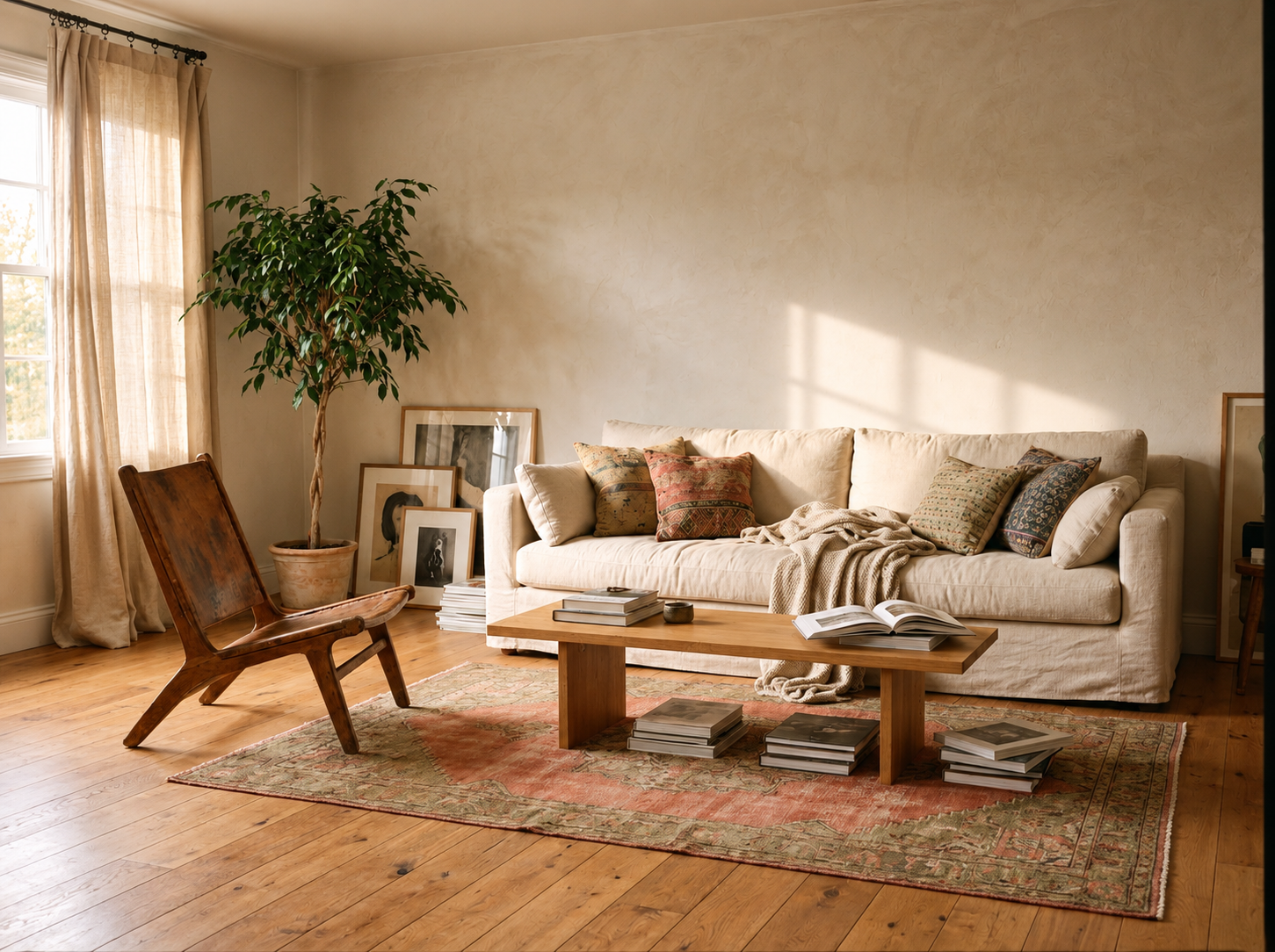 A living room with personal furniture and warm textures that feel individual