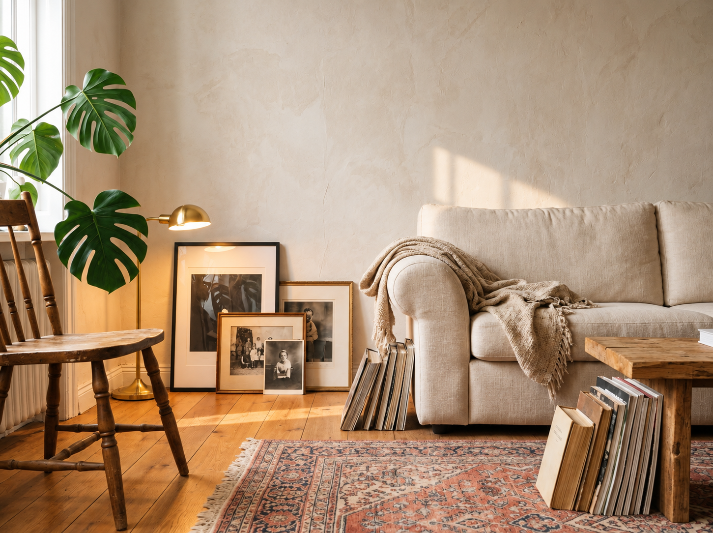 Leaning artwork and collected objects displayed naturally in a personal living space