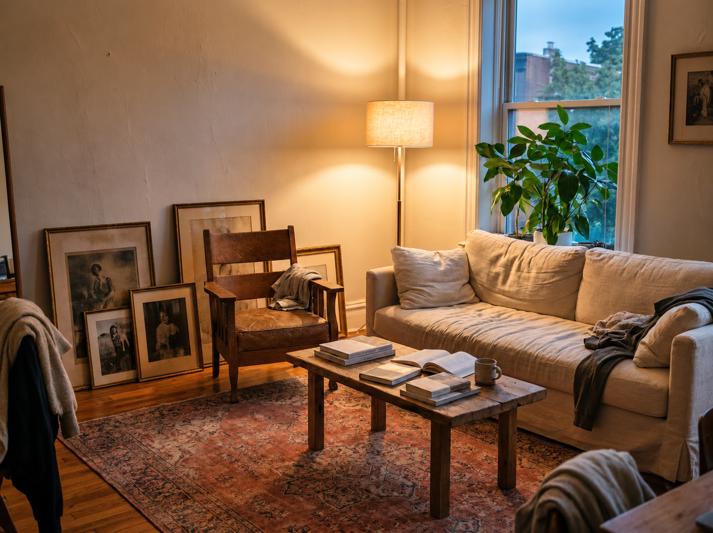 A warm pool of gentle lamp light making a living room corner feel inviting and calm