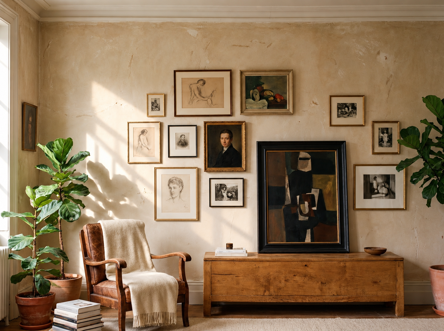 A personal living room built around beloved books, old chairs, and familiar textures