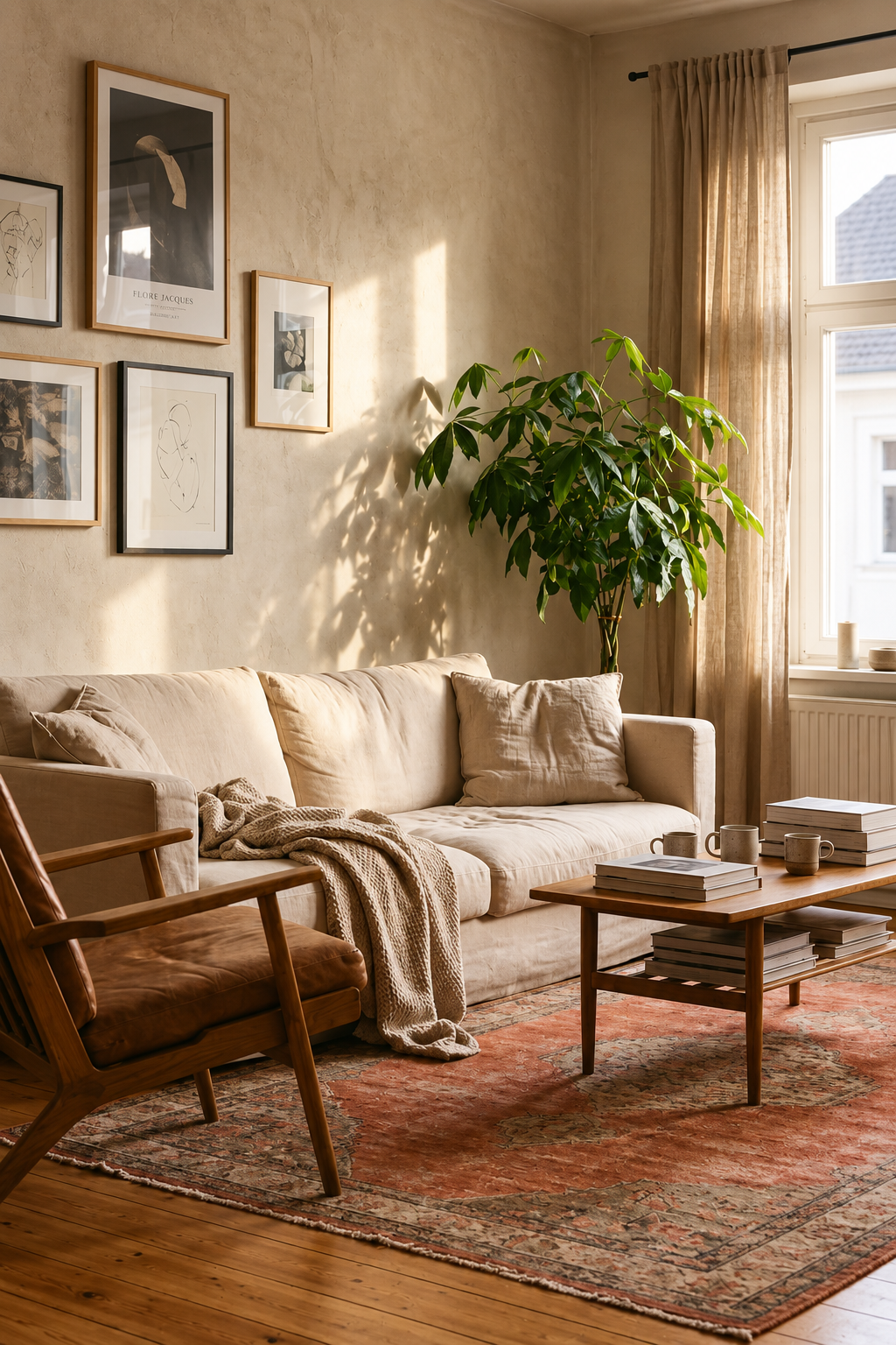 Relaxed fabrics, plants, and natural light giving a living room its lived-in character