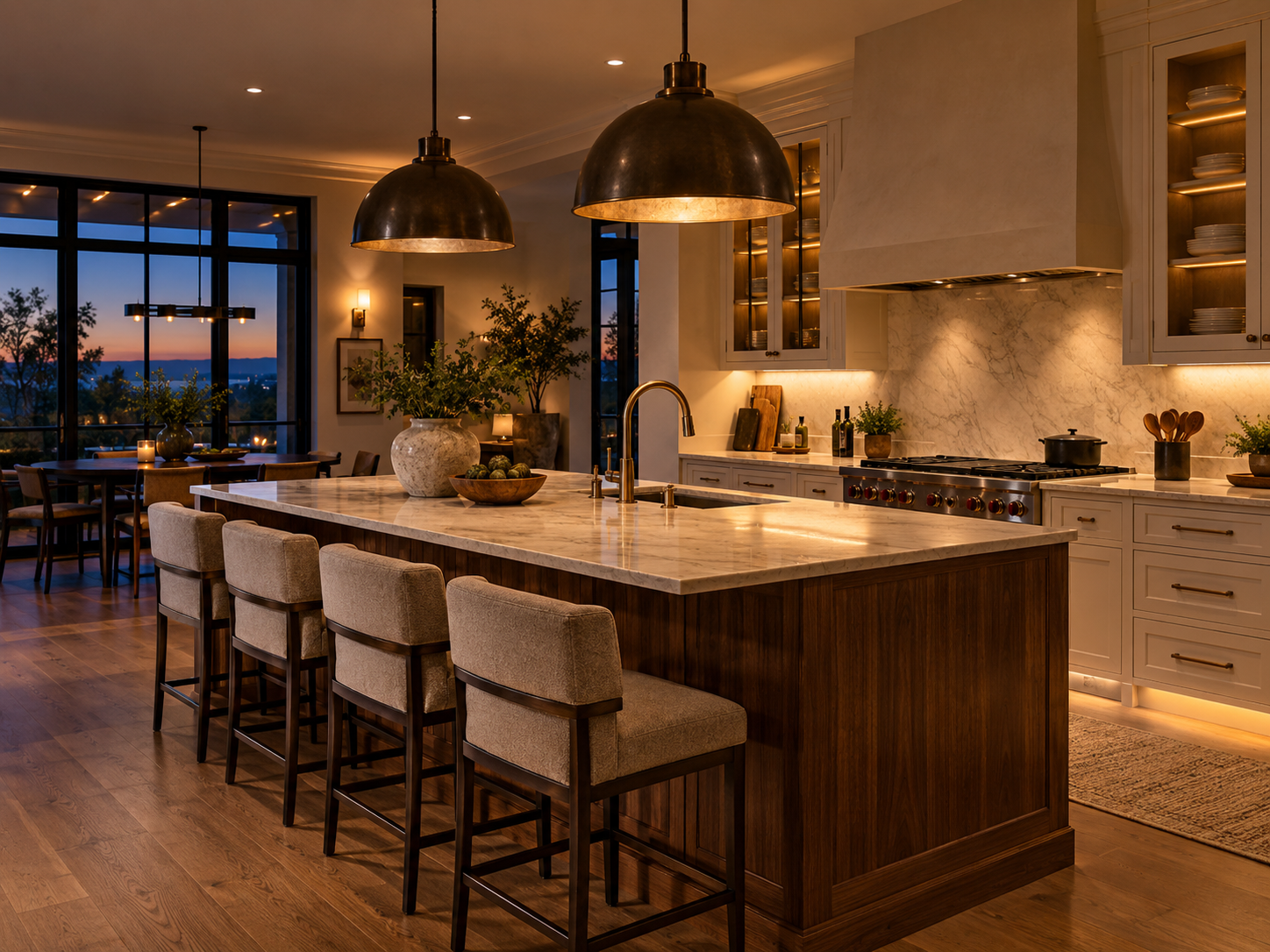 Layered kitchen lighting creating a warm atmosphere
