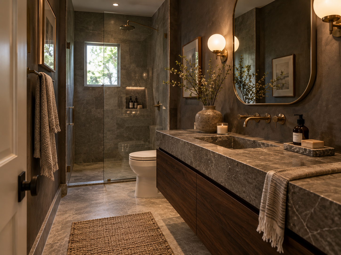 Elegant small bathroom with rich materials and restrained luxury styling
