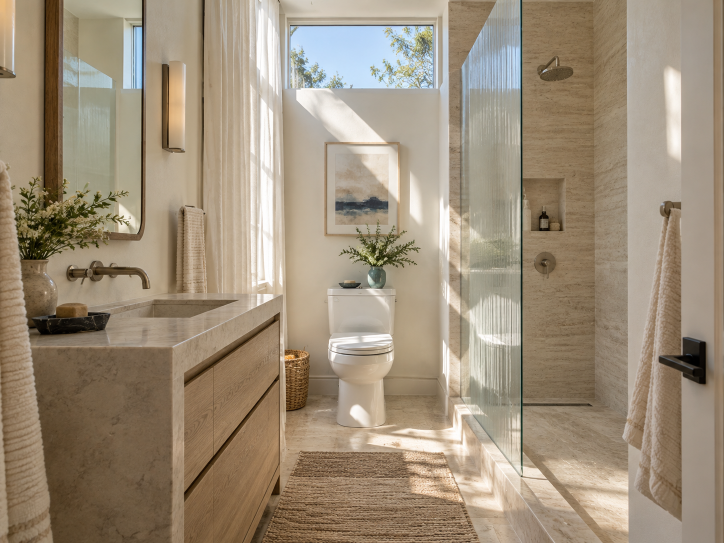 Small bathroom with natural daylight, reflective surfaces and open visual path