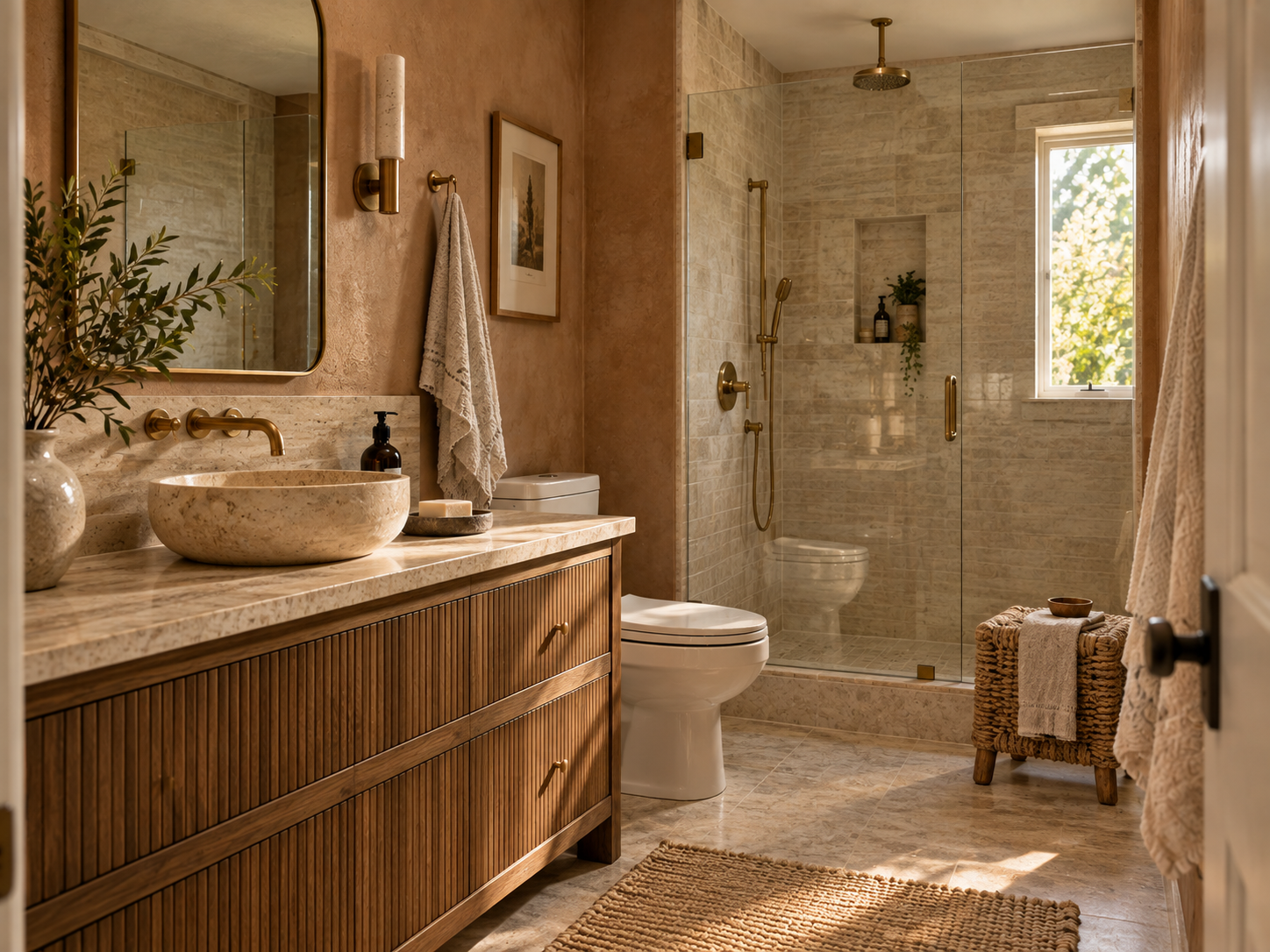 Small bathroom with warm wood, natural stone and earthy material finishes