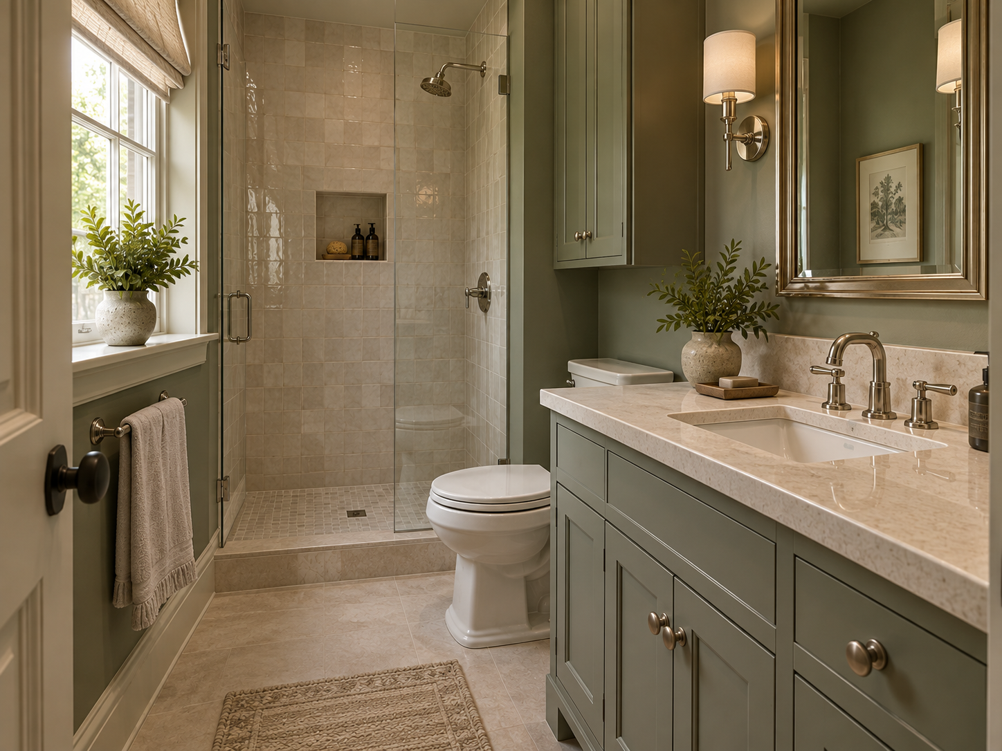 Small bathroom with continuous tonal color palette creating a spacious, cohesive feel