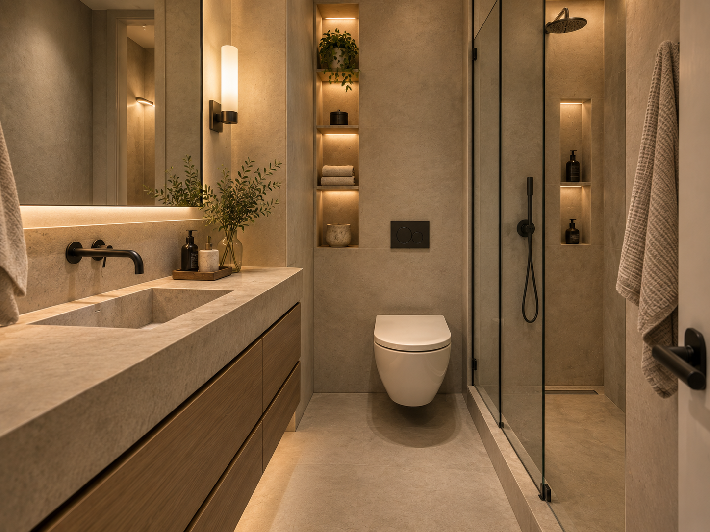 Small bathroom with built-in niches, streamlined storage and uncluttered layout