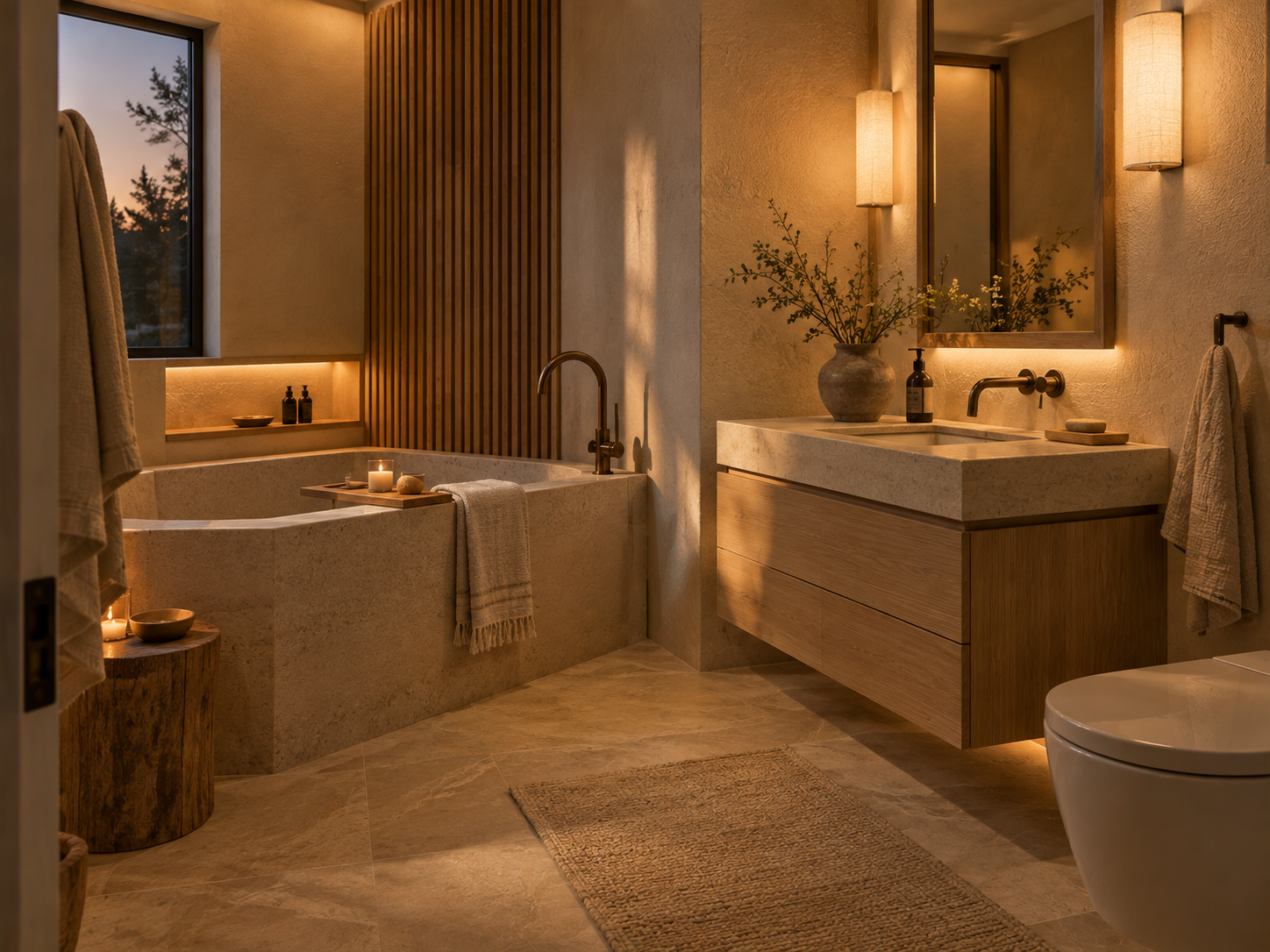 Small bathroom styled as a calm spa-like retreat with warm lighting and natural textures