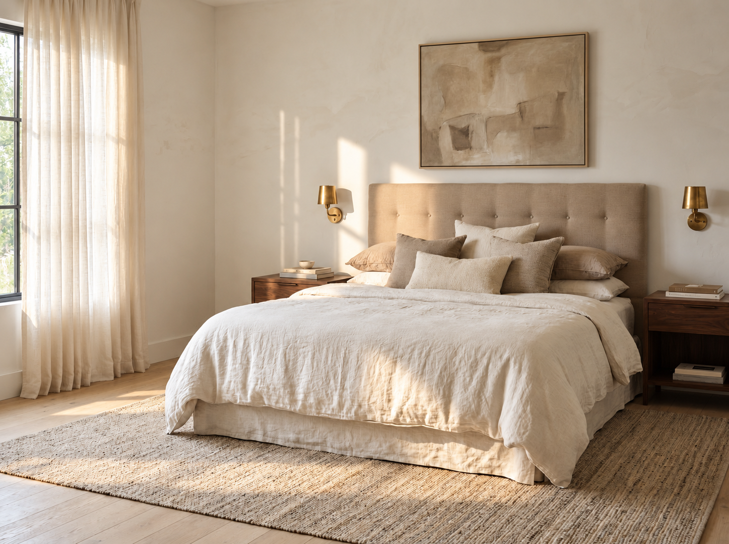 Calm bedroom with simple symmetry and a restrained neutral palette