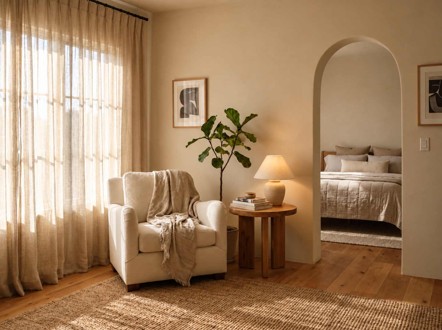 Bedroom with natural textures, soft greenery and warm gentle light creating a restorative space