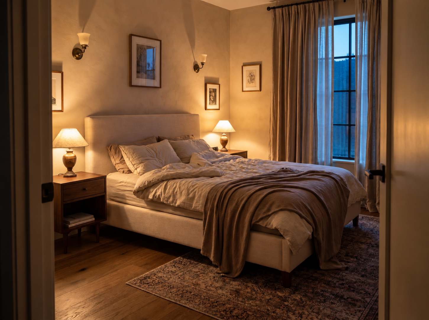 Bedroom with warm lamp lighting and softer evening atmosphere transitioning naturally into nighttime