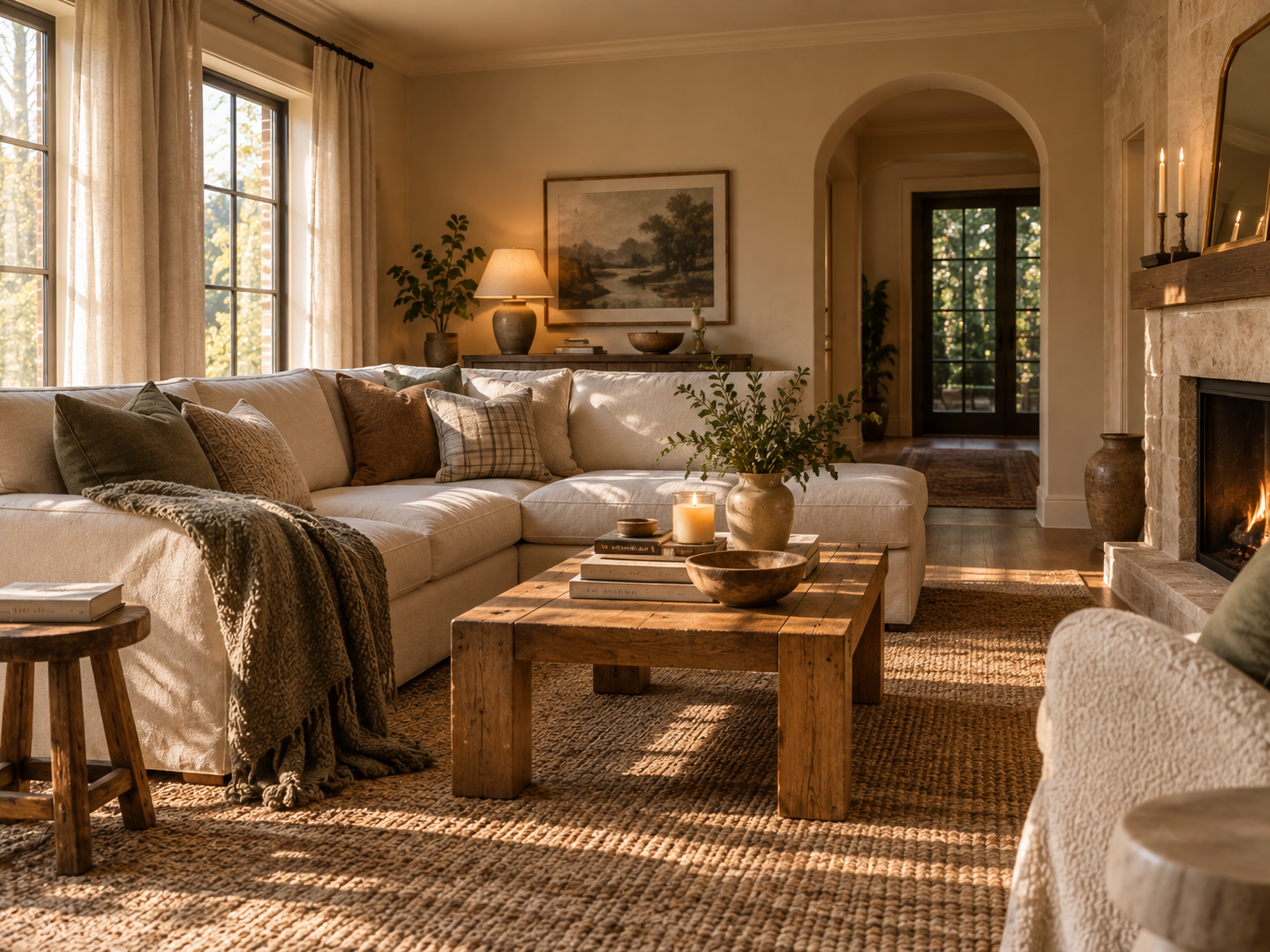 Warm living room foundation with natural tones and layered textures