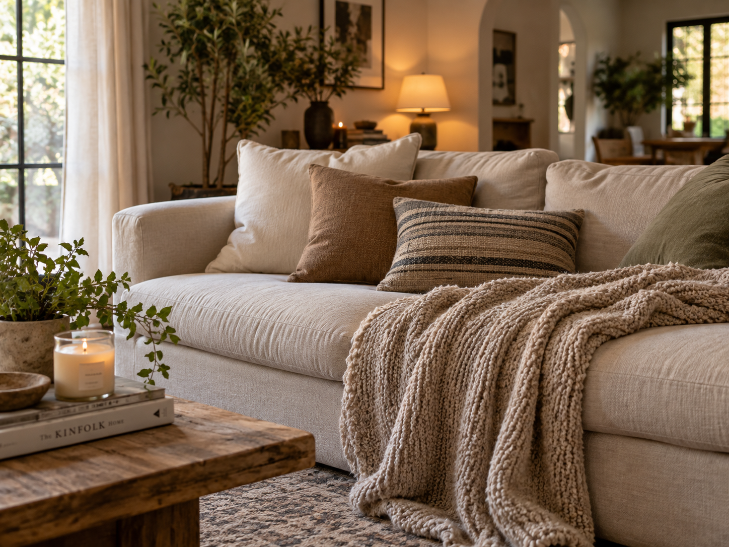Layered soft textures including throws and cushions in a cozy living room
