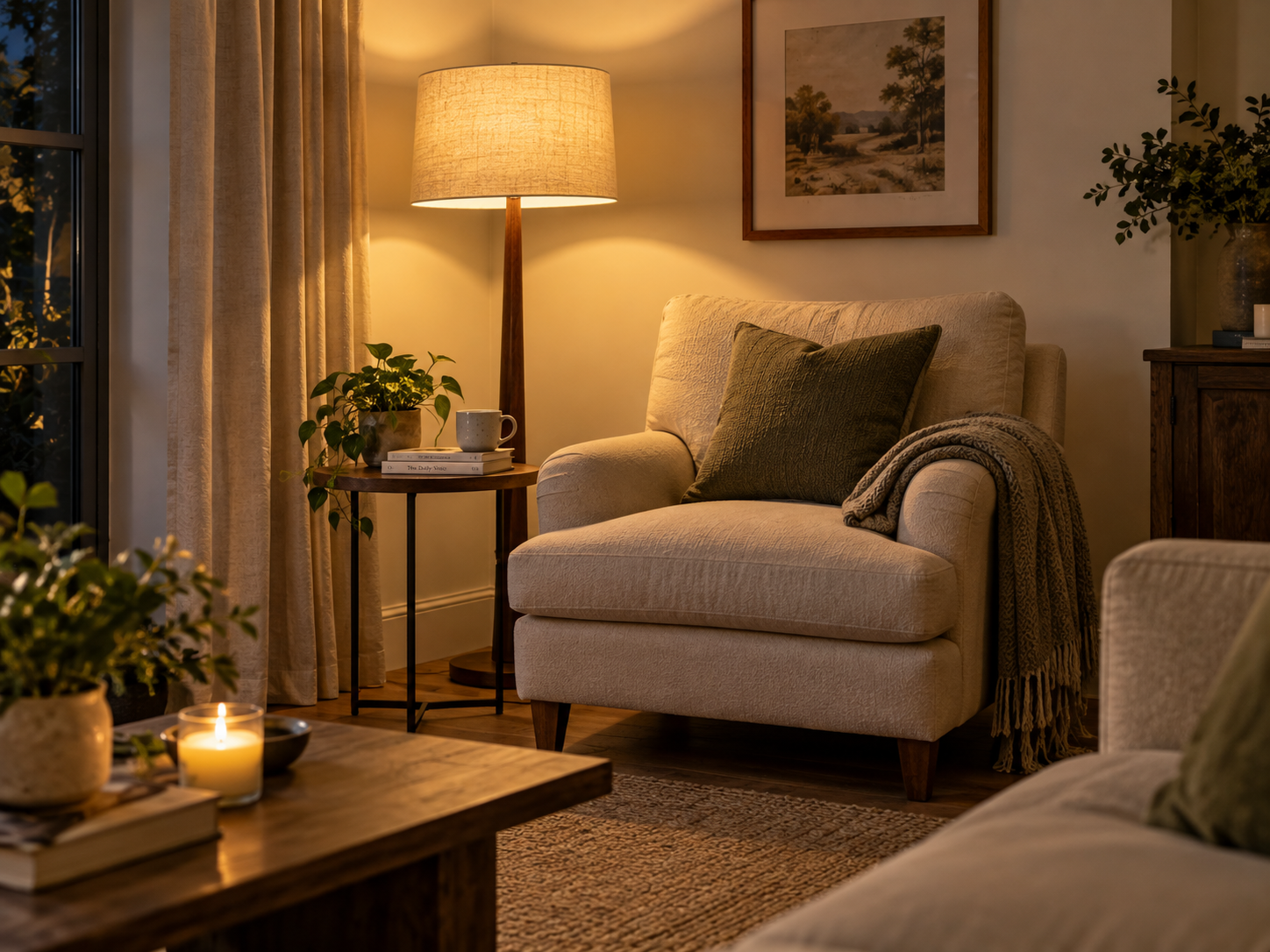 Warm ambient lighting with table lamps creating a cozy living room atmosphere