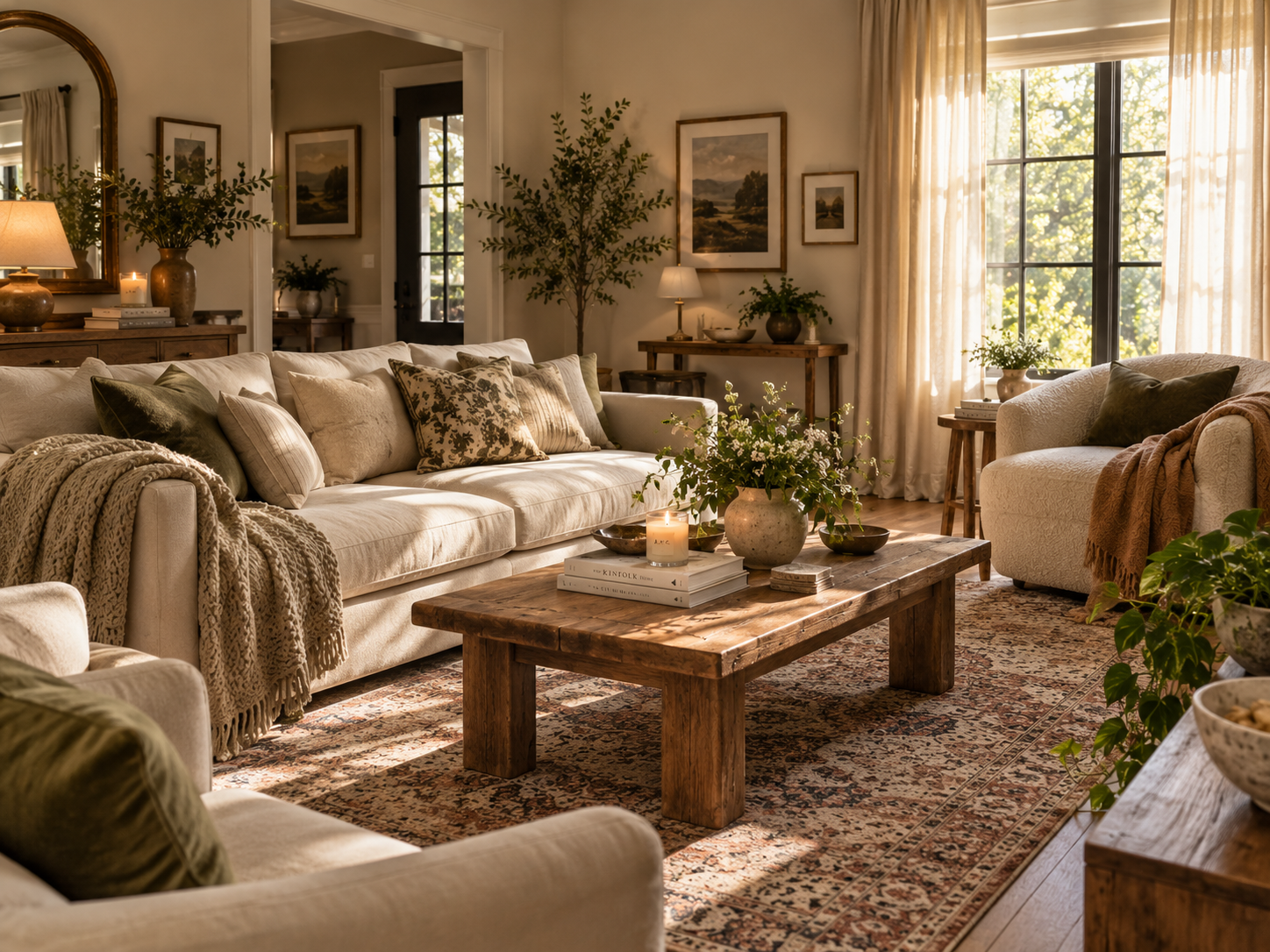 Comfortable living room seating arrangement that invites people to stay