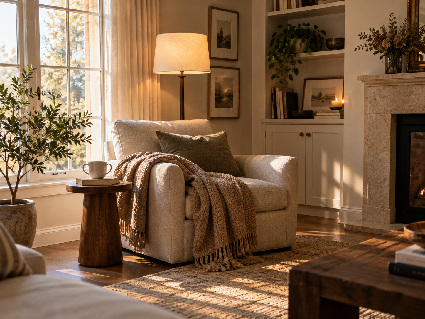Cozy reading corner in a living room with an armchair and soft lighting
