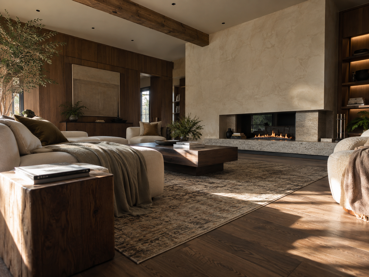 Living room interior combining natural wood beams and stone surfaces for a warm, luxurious atmosphere