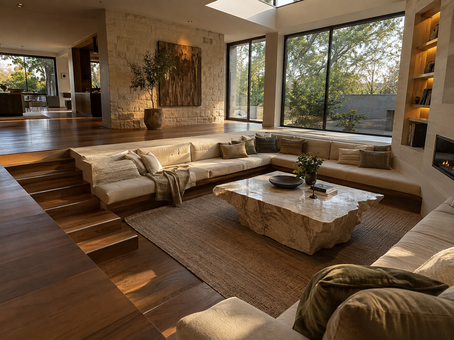 Thoughtfully arranged seating around a central focal point designed to encourage comfortable conversation